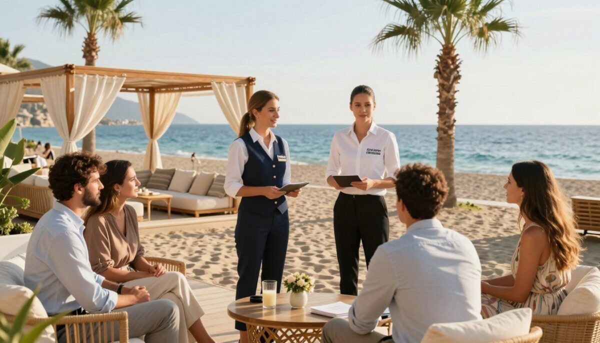 A luxurious beach scene in Alanya, showcasing a vibrant and upscale atmosphere. In the foreground, professional and elegantly dressed figures representing the "Alanya escort özel müşteri" service engage with clients, offering attentive VIP assistance. They are in casual yet sophisticated attire, exuding warmth and professionalism. In the middle ground, a beautifully set beach cabana with tasteful decor and plush seating invites relaxation. The background features the serene blue sea and gently swaying palm trees under a bright, sunny sky, enhancing the tranquil vibe. The scene is bathed in soft golden light, suggesting a late afternoon glow, creating a welcoming and exclusive ambiance that embodies leisure and exceptional customer service. The overall mood is inviting and sophisticated, emphasizing a premium experience in a picturesque coastal setting. A luxurious beach scene in Alanya, showcasing a vibrant and upscale atmosphere. In the foreground, professional and elegantly dressed figures representing the "Alanya escort özel müşteri" service engage with clients, offering attentive VIP assistance. They are in casual yet sophisticated attire, exuding warmth and professionalism. In the middle ground, a beautifully set beach cabana with tasteful decor and plush seating invites relaxation. The background features the serene blue sea and gently swaying palm trees under a bright, sunny sky, enhancing the tranquil vibe. The scene is bathed in soft golden light, suggesting a late afternoon glow, creating a welcoming and exclusive ambiance that embodies leisure and exceptional customer service. The overall mood is inviting and sophisticated, emphasizing a premium experience in a picturesque coastal setting.