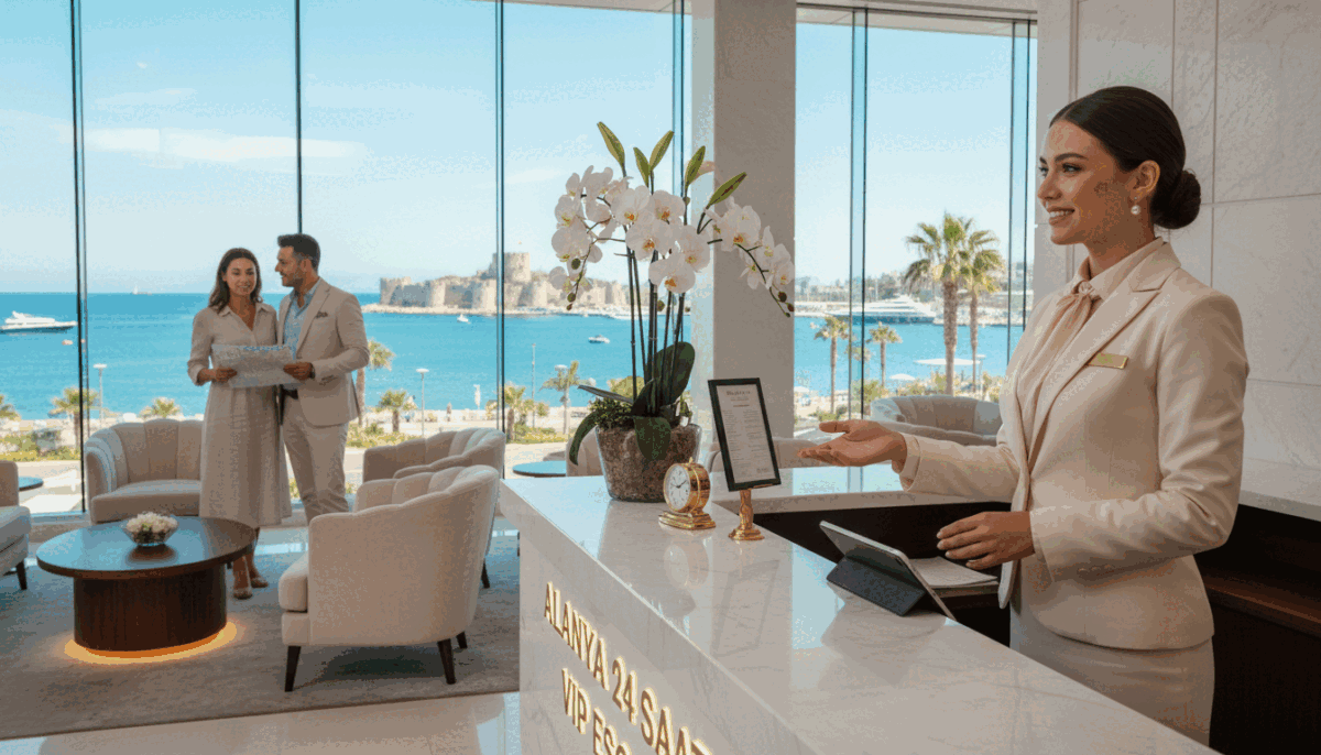 A luxurious concierge service scene in Alanya, showcasing a professional female concierge in a chic, modest business outfit, assisting guests. The foreground features a stylish reception desk adorned with elegant decor, and the concierge engaging with clients, exuding warmth and professionalism. In the middle background, a glimpse of upscale hotel amenities, including plush seating and ambient lighting, enhances the luxurious atmosphere. The background showcases a beautiful view of Alanya's iconic coastline under a bright, sunny sky, adding a touch of Mediterranean charm. Soft, natural lighting creates an inviting mood, and the image emphasizes the brand "Alanya 24 saat vip escort," highlighting upscale service. The composition is shot at eye level to connect with the viewer, emphasizing the dedication to premium service and hospitality. A luxurious concierge service scene in Alanya, showcasing a professional female concierge in a chic, modest business outfit, assisting guests. The foreground features a stylish reception desk adorned with elegant decor, and the concierge engaging with clients, exuding warmth and professionalism. In the middle background, a glimpse of upscale hotel amenities, including plush seating and ambient lighting, enhances the luxurious atmosphere. The background showcases a beautiful view of Alanya's iconic coastline under a bright, sunny sky, adding a touch of Mediterranean charm. Soft, natural lighting creates an inviting mood, and the image emphasizes the brand "Alanya 24 saat vip escort," highlighting upscale service. The composition is shot at eye level to connect with the viewer, emphasizing the dedication to premium service and hospitality.
