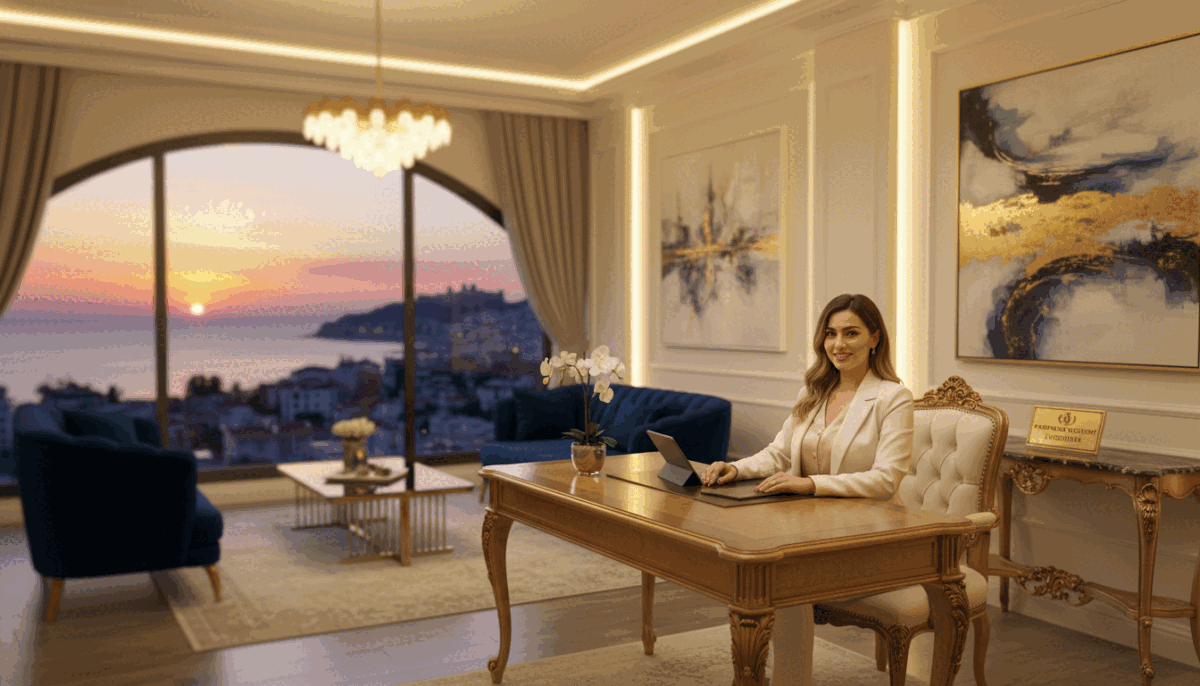 A luxurious, elegant reception area featuring a professional escort service atmosphere in Alanya. The foreground shows a well-dressed female figure in modest yet fashionable attire, sitting confidently at an ornate desk, smiling warmly. The middle ground reveals stylish furnishings, including plush seating and tasteful decor, with soft, ambient lighting casting a welcoming glow. In the background, a large window displays a scenic view of Alanya's coastline, with the sun setting, creating a serene and opulent mood. The overall atmosphere is one of sophistication and professionalism, emphasizing the concept of "Alanya premium escort ücretler." The image is beautifully composed with a focus on warmth and hospitality, captured with a slight tilt shift effect to enhance depth. A luxurious, elegant reception area featuring a professional escort service atmosphere in Alanya. The foreground shows a well-dressed female figure in modest yet fashionable attire, sitting confidently at an ornate desk, smiling warmly. The middle ground reveals stylish furnishings, including plush seating and tasteful decor, with soft, ambient lighting casting a welcoming glow. In the background, a large window displays a scenic view of Alanya's coastline, with the sun setting, creating a serene and opulent mood. The overall atmosphere is one of sophistication and professionalism, emphasizing the concept of "Alanya premium escort ücretler." The image is beautifully composed with a focus on warmth and hospitality, captured with a slight tilt shift effect to enhance depth.