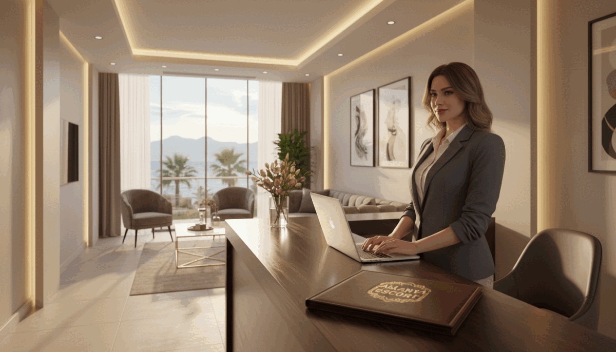 A luxurious, elegant setting in Alanya showcasing a professional escort service. In the foreground, a stylish reception area with modern furnishings and soft ambient lighting. A polished wooden desk displays a beautifully arranged brochure titled "Alanya escort numara". In the middle ground, a discreet, sophisticated female attendant types on a laptop, dressed in a tailored, professional outfit, exuding confidence and approachability. The background features tasteful art and plush seating, reflecting an atmosphere of exclusivity and comfort. Bright, natural light filters in through large windows, adding warmth to the scene. The overall mood is inviting and professional, emphasizing the quick and discreet service offered. A luxurious, elegant setting in Alanya showcasing a professional escort service. In the foreground, a stylish reception area with modern furnishings and soft ambient lighting. A polished wooden desk displays a beautifully arranged brochure titled "Alanya escort numara". In the middle ground, a discreet, sophisticated female attendant types on a laptop, dressed in a tailored, professional outfit, exuding confidence and approachability. The background features tasteful art and plush seating, reflecting an atmosphere of exclusivity and comfort. Bright, natural light filters in through large windows, adding warmth to the scene. The overall mood is inviting and professional, emphasizing the quick and discreet service offered.