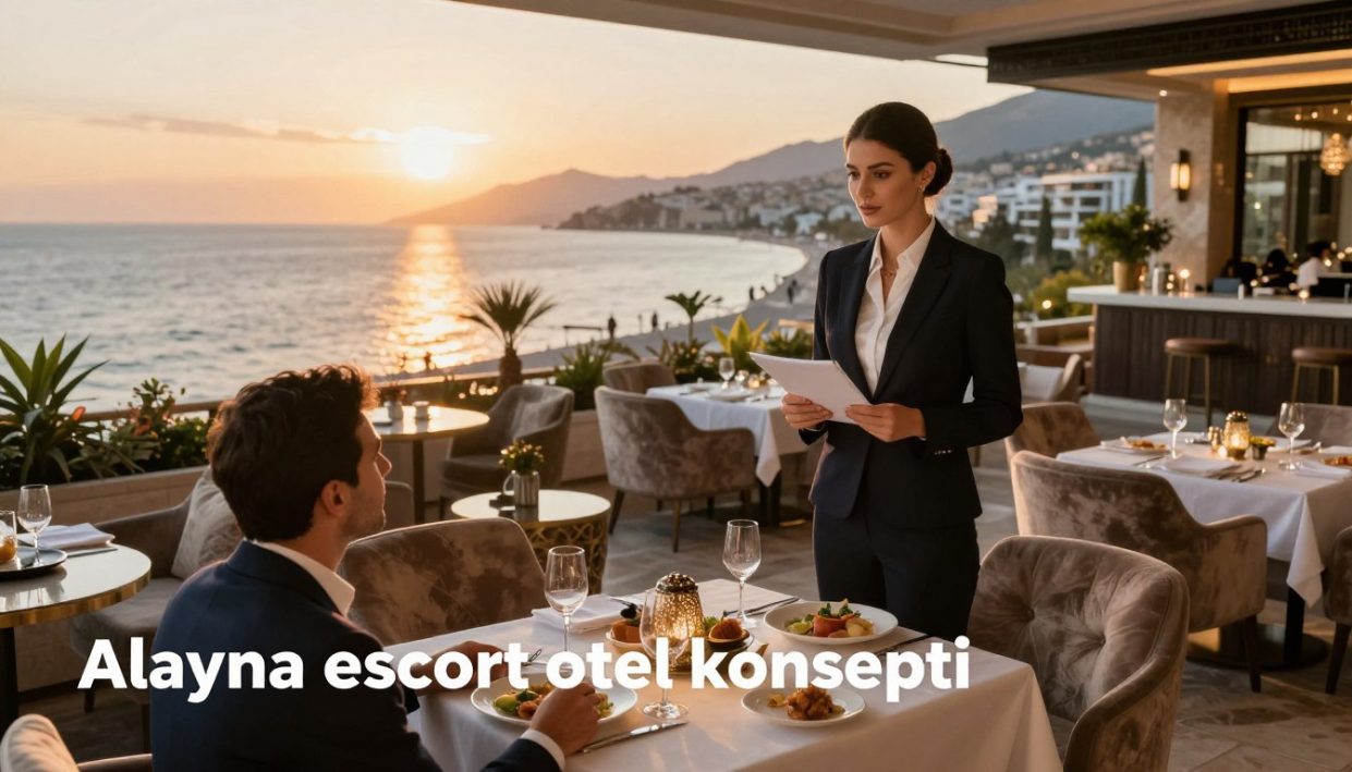 A luxurious escort experience in Alanya, featuring a sophisticated ambiance. In the foreground, a professionally dressed escort, wearing elegant business attire, is engaging with a client over a beautifully set table with fine dining and ornate decorations. The middle ground includes a sumptuous hotel lobby adorned with plush furniture and stylish decor that reflects a high-end environment. The background showcases the stunning Alanya coastline, with the Mediterranean Sea shimmering under the golden sunset, casting warm lighting across the scene. The mood is vibrant yet relaxed, suggesting exclusivity and premium service. The image should embody the essence of "Alanya escort otel konsepti," focusing on different needs catered to international clients. The viewpoint captures a wide-angle perspective, emphasizing both the intimate interaction and the luxurious surroundings. A luxurious escort experience in Alanya, featuring a sophisticated ambiance. In the foreground, a professionally dressed escort, wearing elegant business attire, is engaging with a client over a beautifully set table with fine dining and ornate decorations. The middle ground includes a sumptuous hotel lobby adorned with plush furniture and stylish decor that reflects a high-end environment. The background showcases the stunning Alanya coastline, with the Mediterranean Sea shimmering under the golden sunset, casting warm lighting across the scene. The mood is vibrant yet relaxed, suggesting exclusivity and premium service. The image should embody the essence of "Alanya escort otel konsepti," focusing on different needs catered to international clients. The viewpoint captures a wide-angle perspective, emphasizing both the intimate interaction and the luxurious surroundings.