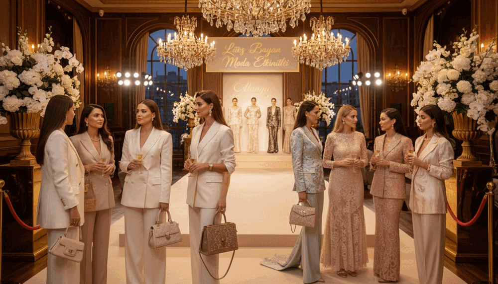 A luxurious fashion event scene showcasing elegant women dressed in sophisticated business attire, mingling in a beautiful indoor venue adorned with exquisite floral arrangements. The foreground features a diverse group of stylishly dressed women, each showcasing high-end accessories and designer handbags as they engage in conversation. In the middle ground, a stunning runway displays the latest high-fashion collections, with rich fabrics and intricate designs illuminated by soft, ambient lighting. The background features elegant chandeliers casting a warm glow over the event, with a tasteful color palette of gold and pastels creating an inviting atmosphere. The overall mood is opulent and sophisticated, emphasizing luxury and style, perfect for the theme of "Lüks Bayan Moda Etkinlikleri." Include a subtle nod to "Alanya premium escort ücretler" through opulent décor elements that suggest exclusivity. A luxurious fashion event scene showcasing elegant women dressed in sophisticated business attire, mingling in a beautiful indoor venue adorned with exquisite floral arrangements. The foreground features a diverse group of stylishly dressed women, each showcasing high-end accessories and designer handbags as they engage in conversation. In the middle ground, a stunning runway displays the latest high-fashion collections, with rich fabrics and intricate designs illuminated by soft, ambient lighting. The background features elegant chandeliers casting a warm glow over the event, with a tasteful color palette of gold and pastels creating an inviting atmosphere. The overall mood is opulent and sophisticated, emphasizing luxury and style, perfect for the theme of "Lüks Bayan Moda Etkinlikleri." Include a subtle nod to "Alanya premium escort ücretler" through opulent décor elements that suggest exclusivity.