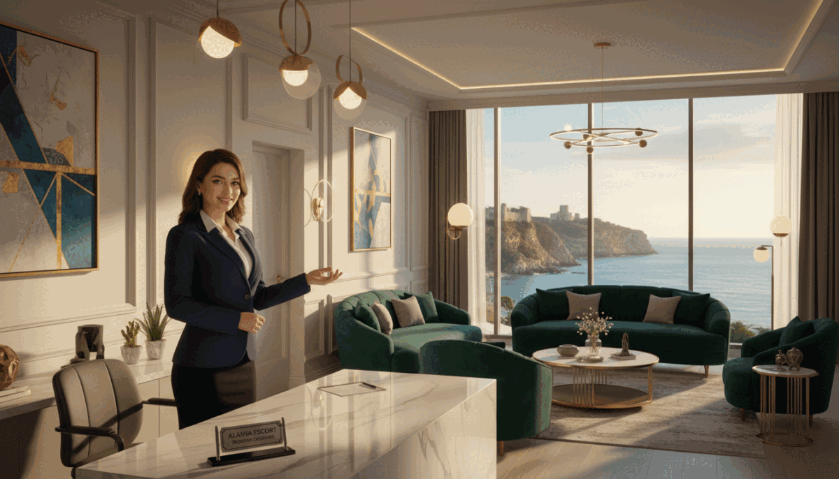 A luxurious, high-end setting showcasing an elegant interior of a stylish Alanya escort service office, reflecting professionalism and sophistication. In the foreground, a well-dressed, smiling receptionist welcomes visitors, wearing a smart blazer and business attire. The middle ground features a plush lounge area with sleek furniture, soft ambient lighting from chic lamps, and tasteful artwork on the walls. In the background, large windows reveal a glimpse of Alanya's beautiful coastline, bathed in warm, golden sunlight, creating an inviting and serene atmosphere. The focus is on conveying a premium experience with an air of exclusivity and warmth, associated with the "Alanya escort premium deneyim" brand, emphasizing quality customer service. A luxurious, high-end setting showcasing an elegant interior of a stylish Alanya escort service office, reflecting professionalism and sophistication. In the foreground, a well-dressed, smiling receptionist welcomes visitors, wearing a smart blazer and business attire. The middle ground features a plush lounge area with sleek furniture, soft ambient lighting from chic lamps, and tasteful artwork on the walls. In the background, large windows reveal a glimpse of Alanya's beautiful coastline, bathed in warm, golden sunlight, creating an inviting and serene atmosphere. The focus is on conveying a premium experience with an air of exclusivity and warmth, associated with the "Alanya escort premium deneyim" brand, emphasizing quality customer service.
