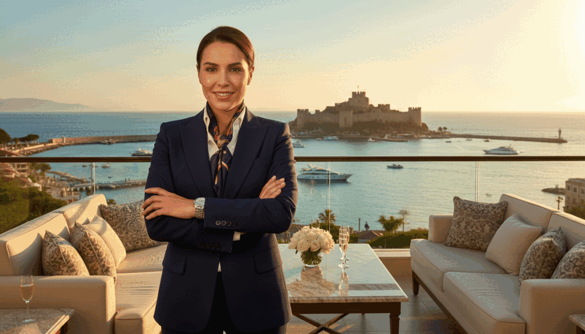 A luxurious hotel balcony overlooking the stunning Alanya coastline, bathed in soft, golden sunset lighting. In the foreground, a well-dressed individual in a tailored business suit, wearing a stylish watch, stands confidently with arms crossed, exuding professionalism and charm. The middle ground features beautifully arranged outdoor seating with plush cushions and elegant decor, inviting relaxation. The background showcases the striking Alanya castle and the vibrant turquoise sea, evoking a feeling of exclusivity and elegance. The overall atmosphere is refined and welcoming, capturing the essence of "alanya sarışın escort" with an emphasis on high-class service and unforgettable experiences. The composition is focused and balanced, highlighting the luxurious lifestyle associated with elite escort services.