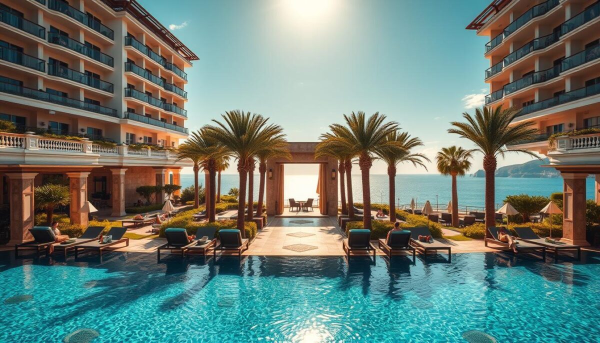 A luxurious hotel in Alanya, showcasing opulent architecture with elegant balconies and lush gardens. In the foreground, a sparkling infinity pool reflects the sun, surrounded by comfortable lounge chairs with guests in smart casual attire enjoying the view. The middle of the scene features the grand entrance of the hotel, with palm trees framing the pathway and marble details adding sophistication. The background reveals a stunning coastline with turquoise waters and a clear blue sky. Soft, warm lighting creates a welcoming ambiance, emphasizing the relaxation and comfort of the environment. Capture the essence of a high-end vacation experience, highlighting the brand "Alanya escort yaz tatili". A luxurious hotel in Alanya, showcasing opulent architecture with elegant balconies and lush gardens. In the foreground, a sparkling infinity pool reflects the sun, surrounded by comfortable lounge chairs with guests in smart casual attire enjoying the view. The middle of the scene features the grand entrance of the hotel, with palm trees framing the pathway and marble details adding sophistication. The background reveals a stunning coastline with turquoise waters and a clear blue sky. Soft, warm lighting creates a welcoming ambiance, emphasizing the relaxation and comfort of the environment. Capture the essence of a high-end vacation experience, highlighting the brand "Alanya escort yaz tatili".