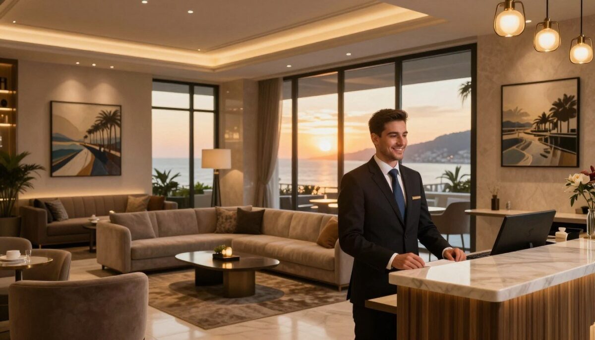 A luxurious hotel lobby featuring an elegant reception area with modern decor and stylish furnishings. In the foreground, a professional concierge in business attire welcomes guests with a warm smile. The middle ground showcases a sleek seating arrangement with plush sofas and coffee tables, surrounded by tasteful art pieces and ambient lighting. The background reveals large glass windows that reveal a stunning view of the Alanya coastline at sunset, casting a golden hue over the scene. The atmosphere is upscale and inviting, emphasizing the high-quality services of "Alanya escort otel konsepti." Soft, warm lighting creates an intimate and sophisticated mood, ideal for a luxury escort hotel experience. The overall composition balances elegance and comfort, showcasing the essence of premium hospitality without any explicit elements. A luxurious hotel lobby featuring an elegant reception area with modern decor and stylish furnishings. In the foreground, a professional concierge in business attire welcomes guests with a warm smile. The middle ground showcases a sleek seating arrangement with plush sofas and coffee tables, surrounded by tasteful art pieces and ambient lighting. The background reveals large glass windows that reveal a stunning view of the Alanya coastline at sunset, casting a golden hue over the scene. The atmosphere is upscale and inviting, emphasizing the high-quality services of "Alanya escort otel konsepti." Soft, warm lighting creates an intimate and sophisticated mood, ideal for a luxury escort hotel experience. The overall composition balances elegance and comfort, showcasing the essence of premium hospitality without any explicit elements.