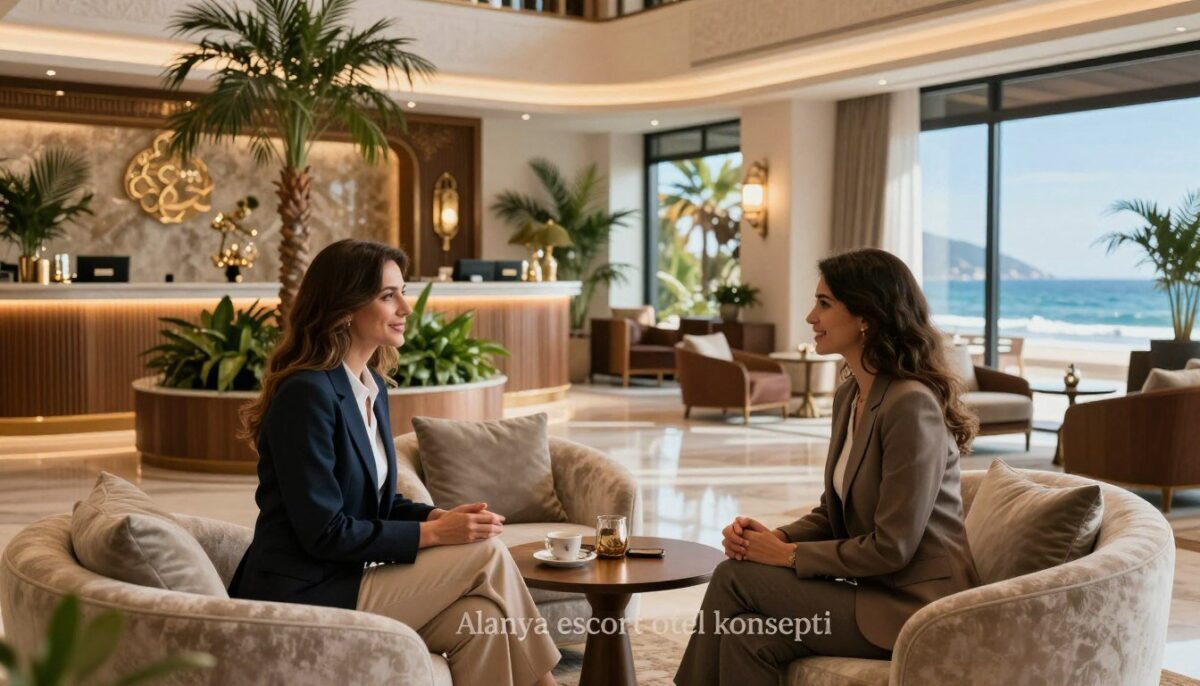 A luxurious hotel lobby in Alanya, designed for high-end services and relaxation. In the foreground, two elegantly dressed professional women in modest business attire are engaged in a friendly conversation, showcasing the concept of "Alanya escort otel konsepti." They are surrounded by plush furnishings and soft, ambient lighting that creates an inviting atmosphere. In the middle ground, a tastefully arranged reception area features lush plants, ornate decor, and a warm color palette, hinting at upscale hospitality. In the background, large windows reveal a glimpse of the stunning Mediterranean coastline, with gentle waves and clear blue skies. The overall mood is sophisticated and welcoming, embodying a sense of luxury and comfort for discerning travelers. A luxurious hotel lobby in Alanya, designed for high-end services and relaxation. In the foreground, two elegantly dressed professional women in modest business attire are engaged in a friendly conversation, showcasing the concept of "Alanya escort otel konsepti." They are surrounded by plush furnishings and soft, ambient lighting that creates an inviting atmosphere. In the middle ground, a tastefully arranged reception area features lush plants, ornate decor, and a warm color palette, hinting at upscale hospitality. In the background, large windows reveal a glimpse of the stunning Mediterranean coastline, with gentle waves and clear blue skies. The overall mood is sophisticated and welcoming, embodying a sense of luxury and comfort for discerning travelers.