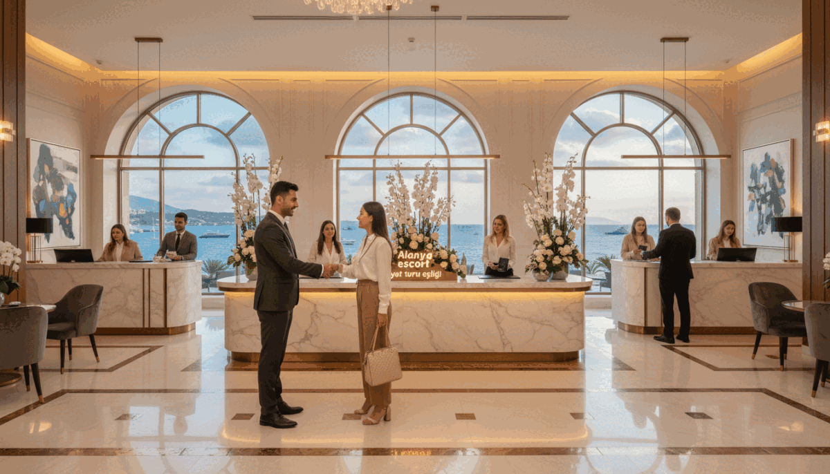 A luxurious hotel lobby in Alanya, featuring elegant decor and ambient lighting. In the foreground, a well-dressed concierge warmly greets a guest, showcasing professionalism and hospitality. The middle ground displays a spacious reception desk with sophisticated arrangements of flowers and upscale signage. Visitors check in, radiating an atmosphere of comfort and exclusivity. In the background, large windows reveal a stunning view of the Mediterranean Sea, making the setting inviting and serene. The overall mood is refined and welcoming, enhanced by soft, warm lighting. Capture this scene using a wide-angle lens to emphasize the elegant architecture and the bustling yet refined environment. Include a subtle branding element: "Alanya escort yat turu eşliği" in tasteful lettering within the design. The image should be devoid of any text, speech bubbles, or overlays. A luxurious hotel lobby in Alanya, featuring elegant decor and ambient lighting. In the foreground, a well-dressed concierge warmly greets a guest, showcasing professionalism and hospitality. The middle ground displays a spacious reception desk with sophisticated arrangements of flowers and upscale signage. Visitors check in, radiating an atmosphere of comfort and exclusivity. In the background, large windows reveal a stunning view of the Mediterranean Sea, making the setting inviting and serene. The overall mood is refined and welcoming, enhanced by soft, warm lighting. Capture this scene using a wide-angle lens to emphasize the elegant architecture and the bustling yet refined environment. Include a subtle branding element: "Alanya escort yat turu eşliği" in tasteful lettering within the design. The image should be devoid of any text, speech bubbles, or overlays.