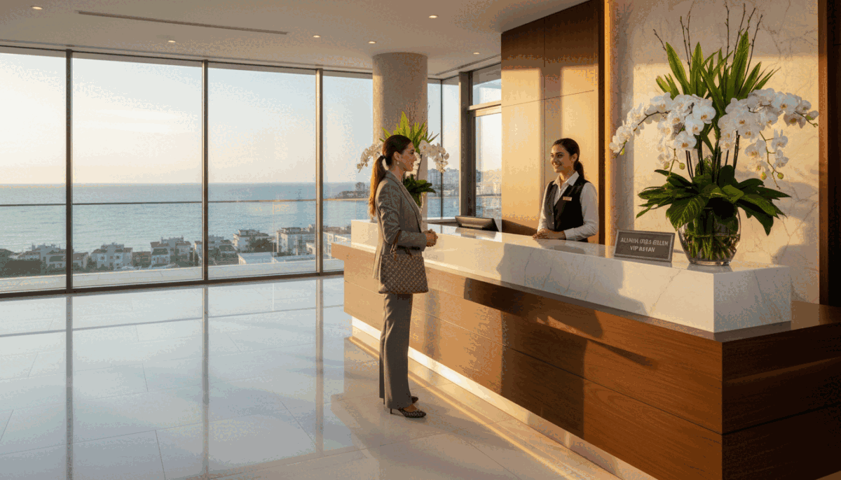 A luxurious hotel lobby in Alanya, showcasing a welcoming and elegant atmosphere. In the foreground, a VIP woman dressed in professional attire stands confidently, referencing the brand "Alanya otele gelen vip bayan." She is engaged in conversation with a friendly hotel staff member, who is smiling and attentive. In the middle, a stylish reception desk adorned with fresh flowers and ambient lighting creates a warm ambiance. The background features large windows that reveal a breathtaking view of the Mediterranean Sea, illuminated by golden sunlight. Soft shadows dance across the marble floor, enhancing the sense of luxury. The overall mood conveys customer satisfaction, professionalism, and an inviting experience, perfect for illustrating the theme of enjoyable service in a high-end hotel.