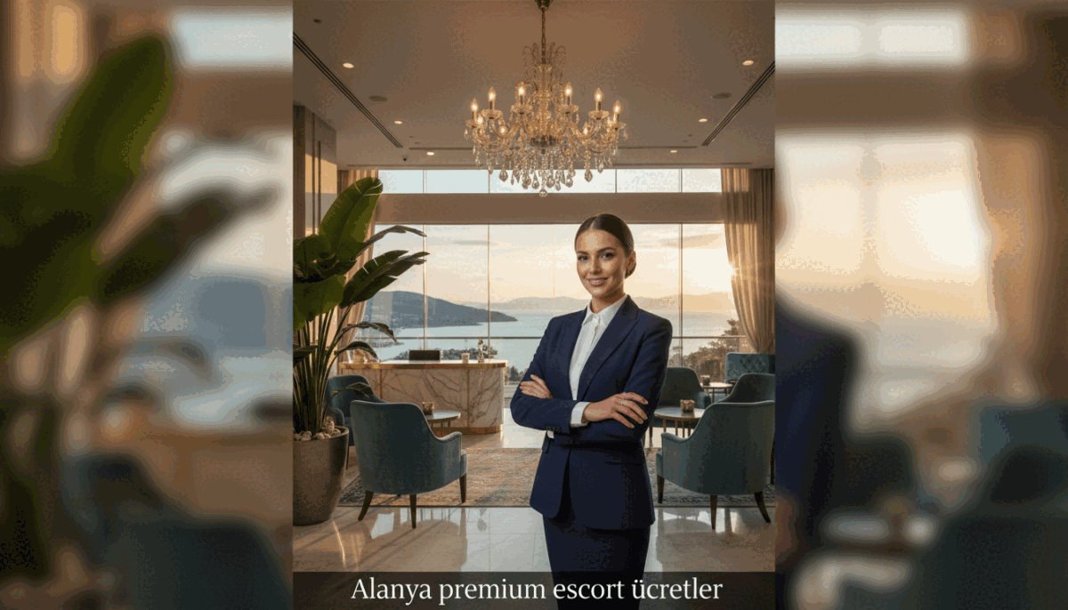 A luxurious hotel lobby in Alanya, showcasing elegance and professionalism. In the foreground, a well-dressed woman in a tailored business suit stands confidently, her expression warm and inviting. The middle ground features a chic reception area with plush seating, tropical plants, and an ornate chandelier casting soft, ambient light. The background reveals large windows with stunning views of Alanya's coastline, allowing natural light to filter in and create a serene atmosphere. The overall mood is sophisticated and welcoming, establishing the idea of premium services. Prominently display the brand name "Alanya premium escort ücretler" in a stylish, minimalist font along the bottom of the image. Use a wide-angle lens to capture depth and detail, with a soft focus that enhances the warmth of the environment. A luxurious hotel lobby in Alanya, showcasing elegance and professionalism. In the foreground, a well-dressed woman in a tailored business suit stands confidently, her expression warm and inviting. The middle ground features a chic reception area with plush seating, tropical plants, and an ornate chandelier casting soft, ambient light. The background reveals large windows with stunning views of Alanya's coastline, allowing natural light to filter in and create a serene atmosphere. The overall mood is sophisticated and welcoming, establishing the idea of premium services. Prominently display the brand name "Alanya premium escort ücretler" in a stylish, minimalist font along the bottom of the image. Use a wide-angle lens to capture depth and detail, with a soft focus that enhances the warmth of the environment.