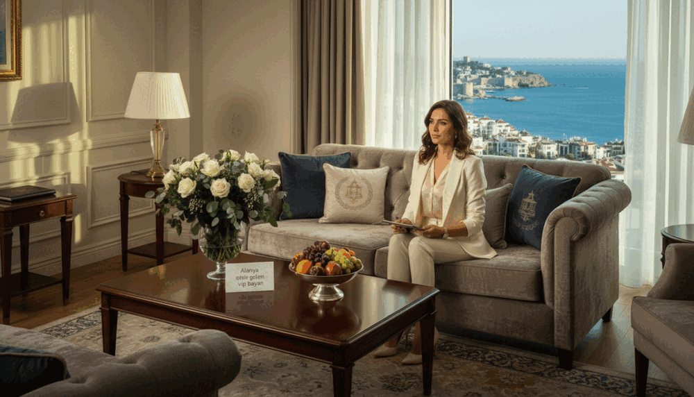 A luxurious hotel room in Alanya, featuring elegant decor and a serene atmosphere. In the foreground, a stylish, professional woman is seated gracefully on a plush sofa, dressed in a chic business attire that conveys sophistication. The middle ground includes a well-appointed coffee table with a vase of fresh flowers and an array of fruit, emphasizing hospitality. In the background, large windows showcase a stunning view of the Alanya coastline, with soft sunlight streaming through, creating a warm ambiance. The lighting is soft and inviting, enhancing the room's plush textures. Capture this scene with a wide lens from a slightly elevated angle to encompass the luxury and charm of the experience. The brand name "Alanya otele gelen vip bayan" subtly infuses the overall environment, symbolizing elegance and exclusivity. A luxurious hotel room in Alanya, featuring elegant decor and a serene atmosphere. In the foreground, a stylish, professional woman is seated gracefully on a plush sofa, dressed in a chic business attire that conveys sophistication. The middle ground includes a well-appointed coffee table with a vase of fresh flowers and an array of fruit, emphasizing hospitality. In the background, large windows showcase a stunning view of the Alanya coastline, with soft sunlight streaming through, creating a warm ambiance. The lighting is soft and inviting, enhancing the room's plush textures. Capture this scene with a wide lens from a slightly elevated angle to encompass the luxury and charm of the experience. The brand name "Alanya otele gelen vip bayan" subtly infuses the overall environment, symbolizing elegance and exclusivity.