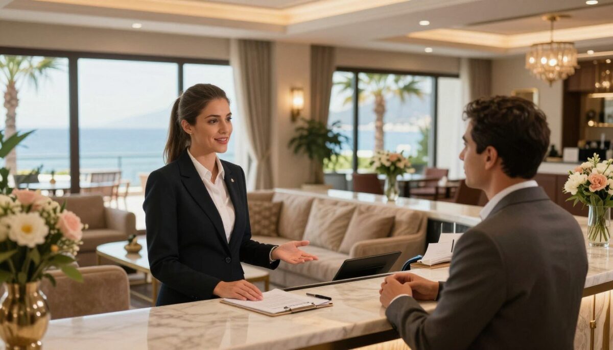 A luxurious hotel setting in Alanya, showcasing a welcoming reception area with elegant decor. In the foreground, a professional English-speaking interpreter, dressed in smart business attire, engages with a satisfied client, conveying a sense of connection and trust. The middle ground features plush seating and beautiful floral arrangements, enhancing the inviting atmosphere. In the background, large windows offer a view of the sun-drenched Mediterranean Sea, with palm trees gently swaying. Soft, warm lighting creates a relaxed ambiance, making the scene feel inviting and approachable. The overall mood emphasizes professionalism and comfort, reflecting the quality service of "Alanya escort otel konsepti." A luxurious hotel setting in Alanya, showcasing a welcoming reception area with elegant decor. In the foreground, a professional English-speaking interpreter, dressed in smart business attire, engages with a satisfied client, conveying a sense of connection and trust. The middle ground features plush seating and beautiful floral arrangements, enhancing the inviting atmosphere. In the background, large windows offer a view of the sun-drenched Mediterranean Sea, with palm trees gently swaying. Soft, warm lighting creates a relaxed ambiance, making the scene feel inviting and approachable. The overall mood emphasizes professionalism and comfort, reflecting the quality service of "Alanya escort otel konsepti."