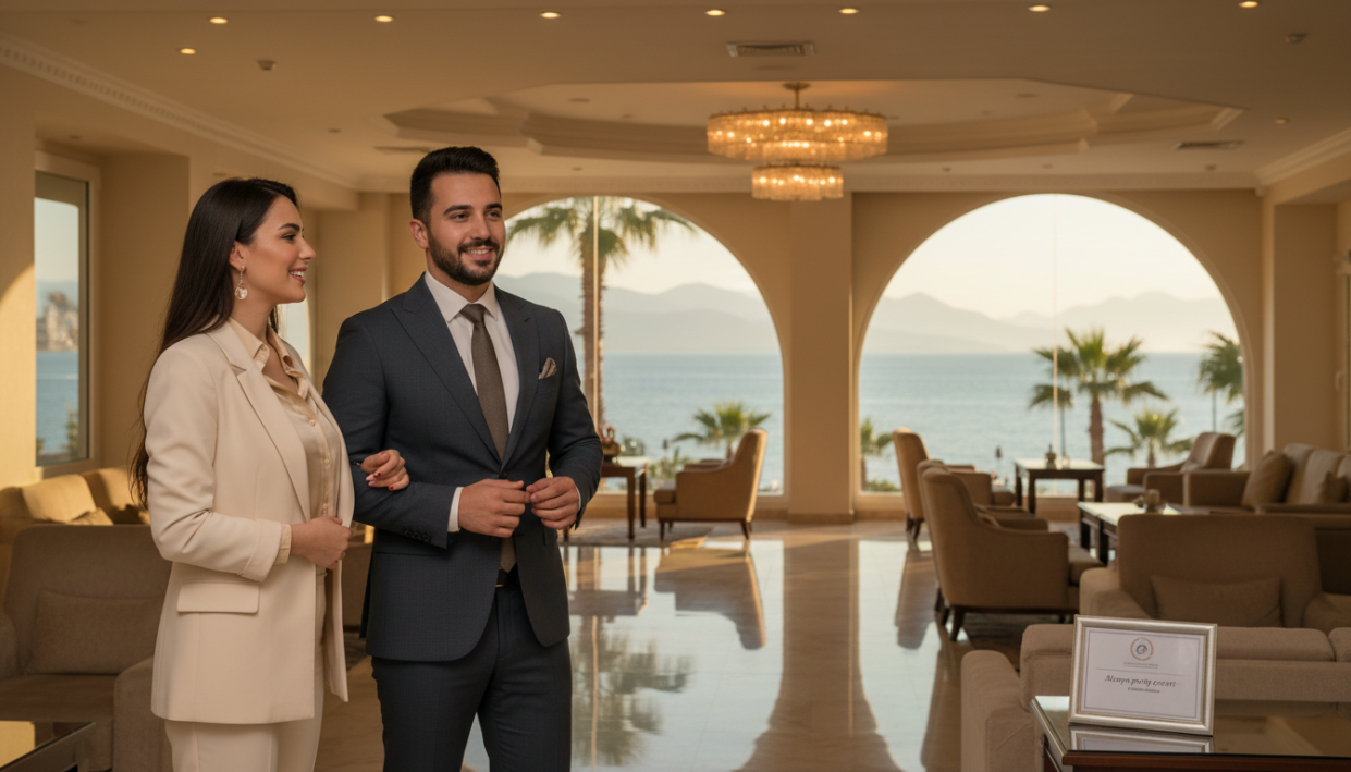 A luxurious hotel setting in Mahmutlar, featuring two elegantly dressed individuals in professional business attire engaged in a warm conversation. In the foreground, a well-groomed man and woman share a pleasant interaction, showcasing modern and stylish fashion that reflects sophistication. The middle background displays a beautifully decorated hotel lobby with marble flooring, soft lighting, and plush seating arrangements, creating an inviting atmosphere. The background includes large windows revealing a scenic view of the Mediterranean coastline, bathed in soft, golden afternoon light. The scene conveys a sense of exclusivity and elegance, perfect for illustrating bespoke services provided by "Alanya party escort." Capture the mood of professionalism and allure, ensuring the image is refined and tasteful, suitable for a premium audience.
