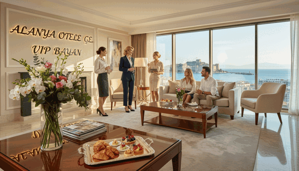 A luxurious hotel suite in Alanya, featuring elegant, professional-looking women dressed in stylish business attire, engaging in warm, welcoming conversations with guests. In the foreground, an exquisite coffee table adorned with fine pastries and fresh flowers creates an inviting atmosphere. In the middle, the women are smiling and showcasing their exceptional hospitality services, embodying an aura of sophistication and professionalism. The background features a breathtaking view of Alanya's coastline through large windows, with soft, natural sunlight illuminating the space, adding warmth to the scene. The overall mood is upscale and inviting, highlighting the exceptional offerings of "Alanya otele gelen vip bayan" services, blending comfort and elegance seamlessly. A luxurious hotel suite in Alanya, featuring elegant, professional-looking women dressed in stylish business attire, engaging in warm, welcoming conversations with guests. In the foreground, an exquisite coffee table adorned with fine pastries and fresh flowers creates an inviting atmosphere. In the middle, the women are smiling and showcasing their exceptional hospitality services, embodying an aura of sophistication and professionalism. The background features a breathtaking view of Alanya's coastline through large windows, with soft, natural sunlight illuminating the space, adding warmth to the scene. The overall mood is upscale and inviting, highlighting the exceptional offerings of "Alanya otele gelen vip bayan" services, blending comfort and elegance seamlessly.