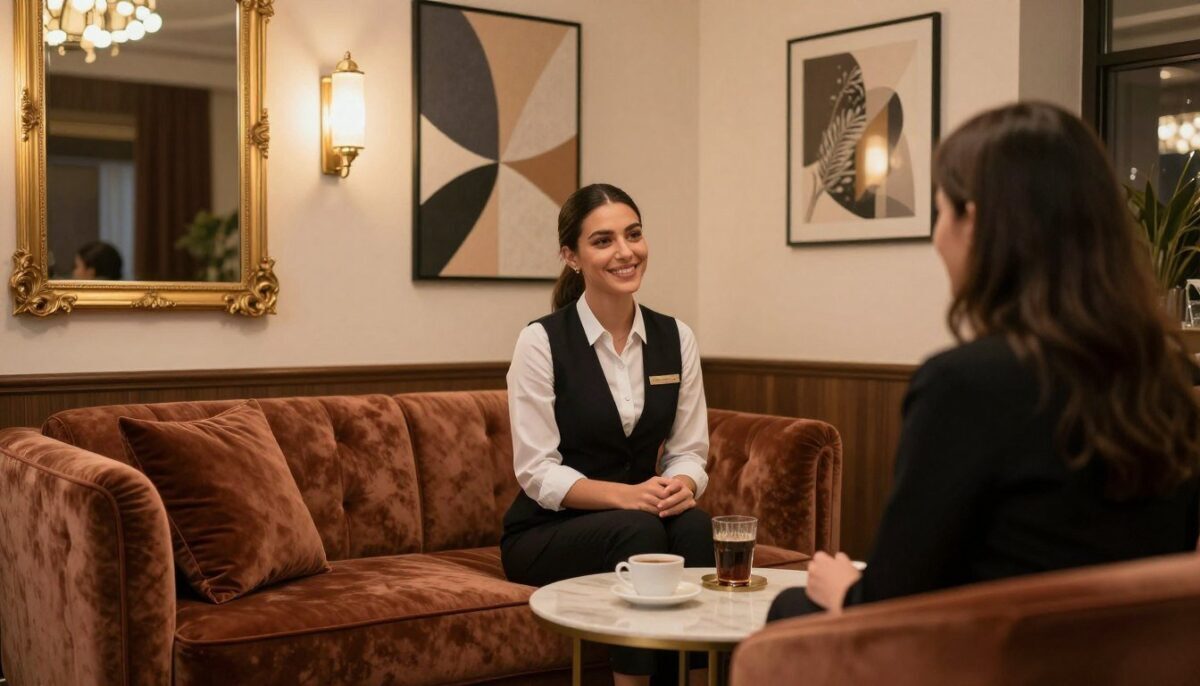 A luxurious interior scene depicting a high-end escort service setting, representing "Alanya escort premium konfor". In the foreground, a tastefully arranged lounge area with plush velvet seating in rich, warm colors, accented by elegant decor such as gold-framed mirrors and gentle lighting. A sophisticated, professionally dressed figure engages with a client, displaying a warm and welcoming demeanor, representing comfort and service excellence. The middle background should feature stylish, contemporary artworks, along with soft ambient lighting that creates an inviting atmosphere. The overall mood should feel upscale, elegant, and serene, with a slight focus on professionalism. Utilize soft focus to enhance the sophistication, shot at a cozy angle to capture the ambiance. No text, captions, or watermarks should be present. A luxurious interior scene depicting a high-end escort service setting, representing "Alanya escort premium konfor". In the foreground, a tastefully arranged lounge area with plush velvet seating in rich, warm colors, accented by elegant decor such as gold-framed mirrors and gentle lighting. A sophisticated, professionally dressed figure engages with a client, displaying a warm and welcoming demeanor, representing comfort and service excellence. The middle background should feature stylish, contemporary artworks, along with soft ambient lighting that creates an inviting atmosphere. The overall mood should feel upscale, elegant, and serene, with a slight focus on professionalism. Utilize soft focus to enhance the sophistication, shot at a cozy angle to capture the ambiance. No text, captions, or watermarks should be present.