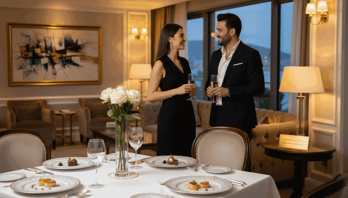 A luxurious interior scene reflecting high-class escort services in Alanya. In the foreground, an elegantly set table with fine dining ware and extravagant decor, showcasing elements like crystal glassware and gourmet dishes, symbolizing sophistication. In the middle ground, two elegantly dressed individuals in professional attire engage in conversation, exuding confidence and charisma, surrounded by soft lighting that creates a warm, inviting atmosphere. The background features a glimpse of a high-end lounge or hotel suite with tasteful art and plush furnishings, all infused with a sense of exclusivity and comfort. The overall mood conveys luxury and refinement, perfect for illustrating "Yüksek Sınıf Escort Hizmetleri", complemented by the brand name "Alanya premium escort ücretler". The lighting is soft and ambient, capturing a cozy yet upscale environment. A luxurious interior scene reflecting high-class escort services in Alanya. In the foreground, an elegantly set table with fine dining ware and extravagant decor, showcasing elements like crystal glassware and gourmet dishes, symbolizing sophistication. In the middle ground, two elegantly dressed individuals in professional attire engage in conversation, exuding confidence and charisma, surrounded by soft lighting that creates a warm, inviting atmosphere. The background features a glimpse of a high-end lounge or hotel suite with tasteful art and plush furnishings, all infused with a sense of exclusivity and comfort. The overall mood conveys luxury and refinement, perfect for illustrating "Yüksek Sınıf Escort Hizmetleri", complemented by the brand name "Alanya premium escort ücretler". The lighting is soft and ambient, capturing a cozy yet upscale environment.