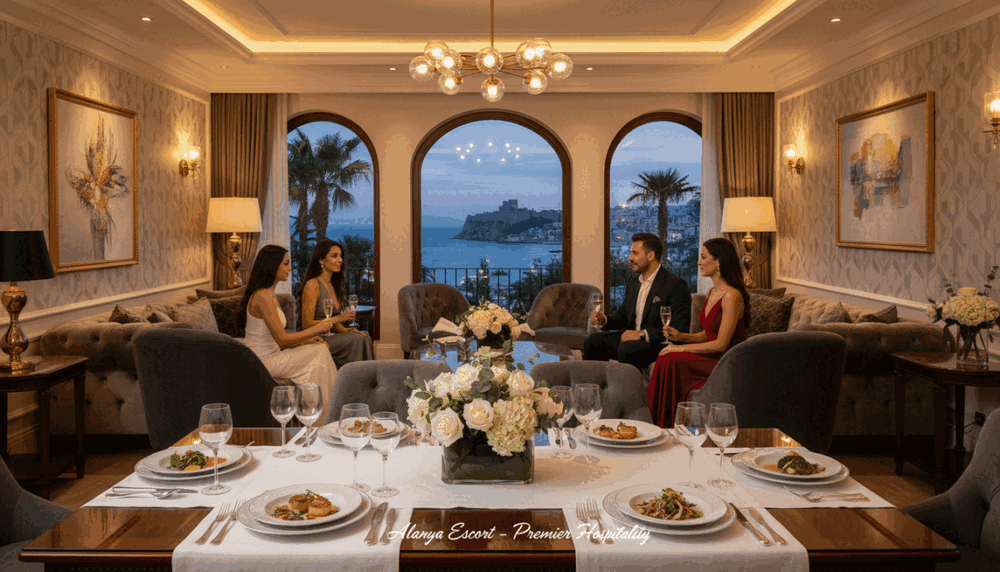 A luxurious interior setting featuring a sophisticated lounge with elegant furnishings. In the foreground, a beautifully arranged table with fine dining elements, such as crystal glasses and gourmet dishes, is adorned with fresh flowers. In the middle, a group of professionally dressed individuals engaged in a conversation, exuding an air of exclusivity and charm. The lighting is soft and warm, creating an inviting atmosphere, with plush armchairs and ambient wall lighting. In the background, tasteful artwork and sophisticated decor enhance the luxurious environment, while subtle hints of the Alanya coast can be seen through large windows, connecting the scene to the upscale experience of "Alanya escort." The overall mood is refined, intimate, and welcoming, reflecting a premium service experience without any references to nudity or suggestive themes. A luxurious interior setting featuring a sophisticated lounge with elegant furnishings. In the foreground, a beautifully arranged table with fine dining elements, such as crystal glasses and gourmet dishes, is adorned with fresh flowers. In the middle, a group of professionally dressed individuals engaged in a conversation, exuding an air of exclusivity and charm. The lighting is soft and warm, creating an inviting atmosphere, with plush armchairs and ambient wall lighting. In the background, tasteful artwork and sophisticated decor enhance the luxurious environment, while subtle hints of the Alanya coast can be seen through large windows, connecting the scene to the upscale experience of "Alanya escort." The overall mood is refined, intimate, and welcoming, reflecting a premium service experience without any references to nudity or suggestive themes.