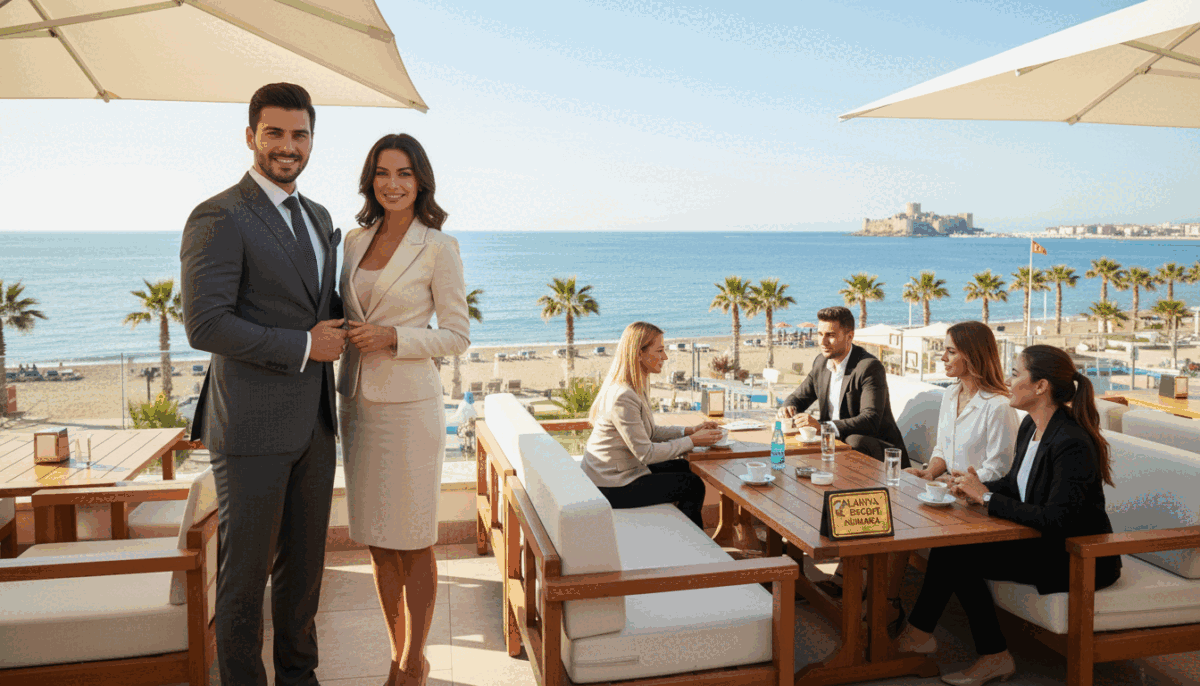 A luxurious, inviting daytime scene in Alanya, showcasing a stylish, upscale setting for a VIP escort service. In the foreground, a well-dressed professional man in a tailored suit stands confidently, exuding charm and sophistication. Beside him, a poised woman in elegant business attire smiles warmly, representing grace and professionalism. The middle ground features an upscale café terrace with plush seating, where sophisticated guests engage in light conversation. The background captures the stunning Alanya coastline, with sunny skies and gentle waves. Soft, natural lighting bathes the scene, casting a warm glow and creating a welcoming ambiance. Photographed from a slightly elevated angle to capture the vibrancy of the atmosphere, this image conveys a sense of luxury and professionalism, inspired by "Alanya escort numara". A luxurious, inviting daytime scene in Alanya, showcasing a stylish, upscale setting for a VIP escort service. In the foreground, a well-dressed professional man in a tailored suit stands confidently, exuding charm and sophistication. Beside him, a poised woman in elegant business attire smiles warmly, representing grace and professionalism. The middle ground features an upscale café terrace with plush seating, where sophisticated guests engage in light conversation. The background captures the stunning Alanya coastline, with sunny skies and gentle waves. Soft, natural lighting bathes the scene, casting a warm glow and creating a welcoming ambiance. Photographed from a slightly elevated angle to capture the vibrancy of the atmosphere, this image conveys a sense of luxury and professionalism, inspired by "Alanya escort numara".