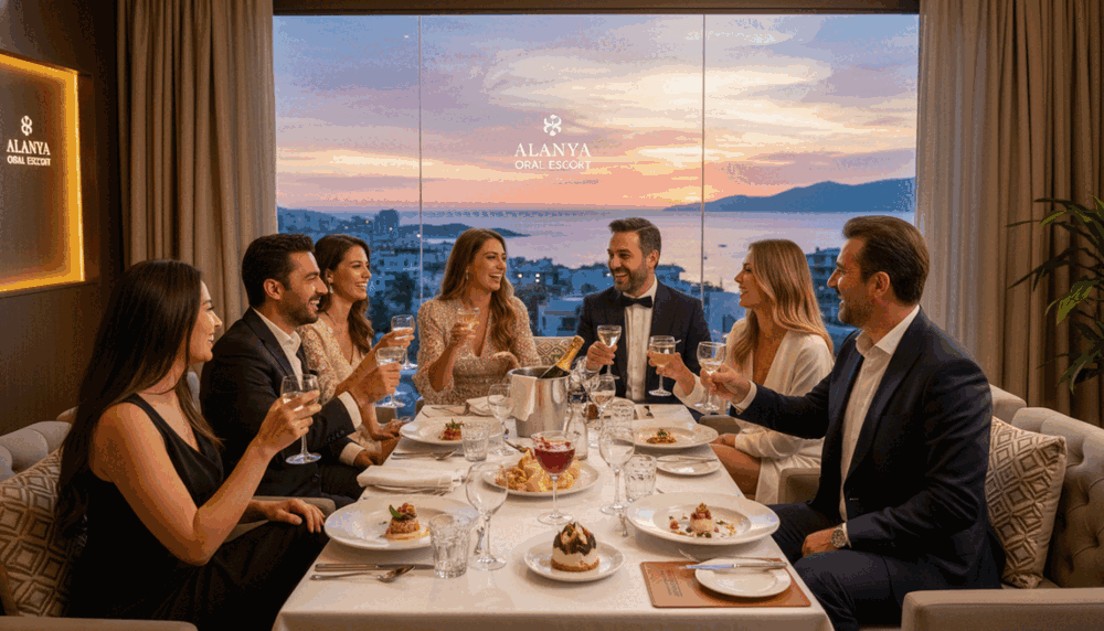 A luxurious lounge setting in Alanya, showcasing an elegant and upscale atmosphere. In the foreground, a beautifully arranged table with fine dining elements, such as gourmet dishes and sparkling crystal glassware. In the middle ground, a diverse group of professionals in chic formal attire enjoying their time, smiling and engaged in conversation. Soft lighting casts a warm glow over the scene, creating an inviting and sophisticated ambiance. The background features panoramic views of Alanya's stunning coast, with enchanting sunset colors. The mood is lively yet refined, reflecting the essence of a premium entertainment experience. The branding “alanya oral escort” is tastefully integrated into the decor, enhancing the luxurious feel of the environment. A luxurious lounge setting in Alanya, showcasing an elegant and upscale atmosphere. In the foreground, a beautifully arranged table with fine dining elements, such as gourmet dishes and sparkling crystal glassware. In the middle ground, a diverse group of professionals in chic formal attire enjoying their time, smiling and engaged in conversation. Soft lighting casts a warm glow over the scene, creating an inviting and sophisticated ambiance. The background features panoramic views of Alanya's stunning coast, with enchanting sunset colors. The mood is lively yet refined, reflecting the essence of a premium entertainment experience. The branding “alanya oral escort” is tastefully integrated into the decor, enhancing the luxurious feel of the environment.