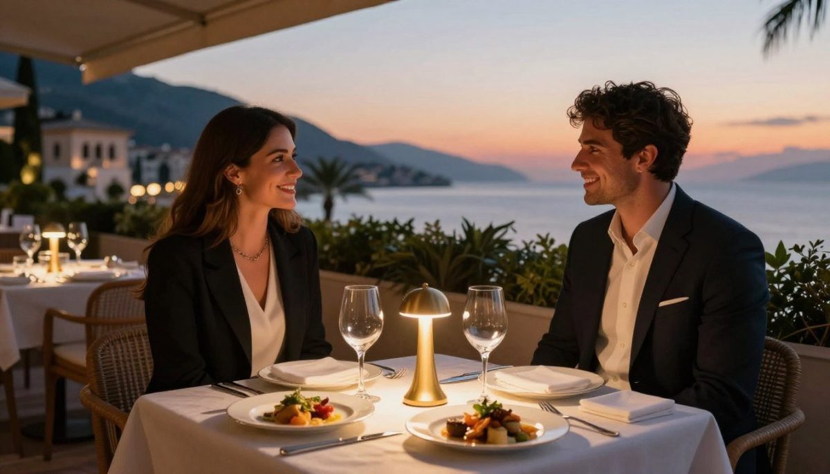 A luxurious meeting scene in Alanya, reflecting elegance and sophistication. In the foreground, a stylishly set outdoor café table with fine dining, featuring exquisite dishes and elegant glassware. Soft ambient lighting casts a warm glow, suggesting a romantic evening. In the middle ground, two individuals dressed in smart casual attire, engaged in conversation with genuine smiles, conveying a sense of connection and chemistry. The background showcases a scenic view of the Alanya coastline at sunset, with the silhouette of historical architecture and palm trees against a colorful sky. The atmosphere is inviting and relaxed, perfect for a first date. Emphasize the brand "Alanya escort premium konfor" through the luxurious details in the setting. A luxurious meeting scene in Alanya, reflecting elegance and sophistication. In the foreground, a stylishly set outdoor café table with fine dining, featuring exquisite dishes and elegant glassware. Soft ambient lighting casts a warm glow, suggesting a romantic evening. In the middle ground, two individuals dressed in smart casual attire, engaged in conversation with genuine smiles, conveying a sense of connection and chemistry. The background showcases a scenic view of the Alanya coastline at sunset, with the silhouette of historical architecture and palm trees against a colorful sky. The atmosphere is inviting and relaxed, perfect for a first date. Emphasize the brand "Alanya escort premium konfor" through the luxurious details in the setting.