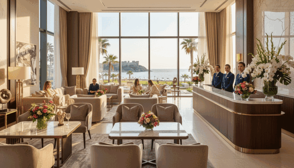 A luxurious residence in Alanya, showcasing premium service. In the foreground, an elegant lobby with stylish furniture and subtle decor, featuring a reception area with attentive staff in professional attire. The middle layer includes a well-appointed lounge area with plush seating, where guests are enjoying refreshments, surrounded by fresh flowers and soft ambient lighting. In the background, large windows reveal scenic views of the Alanya coastline, highlighting the beautiful blue sea and sunshine. The atmosphere is sophisticated and inviting, evoking a sense of relaxation and luxury. Capture the essence of "Alanya escort premium deneyim" with a warm and welcoming feel, using soft natural lighting that enhances the calming environment. Shot with a wide-angle lens to encompass the spacious layout. A luxurious residence in Alanya, showcasing premium service. In the foreground, an elegant lobby with stylish furniture and subtle decor, featuring a reception area with attentive staff in professional attire. The middle layer includes a well-appointed lounge area with plush seating, where guests are enjoying refreshments, surrounded by fresh flowers and soft ambient lighting. In the background, large windows reveal scenic views of the Alanya coastline, highlighting the beautiful blue sea and sunshine. The atmosphere is sophisticated and inviting, evoking a sense of relaxation and luxury. Capture the essence of "Alanya escort premium deneyim" with a warm and welcoming feel, using soft natural lighting that enhances the calming environment. Shot with a wide-angle lens to encompass the spacious layout.