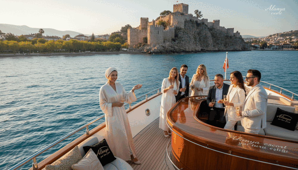 A luxurious scene capturing the essence of VIP experiences in Alanya. In the foreground, a stylish, professional-looking woman in elegant, modest attire stands confidently on an opulent yacht. She interacts with guests, showcasing a serene atmosphere filled with laughter and enjoyment. In the middle ground, the yacht is surrounded by the glistening turquoise waters, with sun-kissed lemon trees lining the coast. The background features the stunning Alanya coastline, showcasing dramatic cliffs and historic architecture under the bright blue sky. The scene is bathed in warm, golden sunlight, creating a vibrant, inviting mood. Capture this upscale vacation vibe, highlighting the brand "Alanya escort yat turu eşliği" through the luxurious environment without explicit imagery. A luxurious scene capturing the essence of VIP experiences in Alanya. In the foreground, a stylish, professional-looking woman in elegant, modest attire stands confidently on an opulent yacht. She interacts with guests, showcasing a serene atmosphere filled with laughter and enjoyment. In the middle ground, the yacht is surrounded by the glistening turquoise waters, with sun-kissed lemon trees lining the coast. The background features the stunning Alanya coastline, showcasing dramatic cliffs and historic architecture under the bright blue sky. The scene is bathed in warm, golden sunlight, creating a vibrant, inviting mood. Capture this upscale vacation vibe, highlighting the brand "Alanya escort yat turu eşliği" through the luxurious environment without explicit imagery.