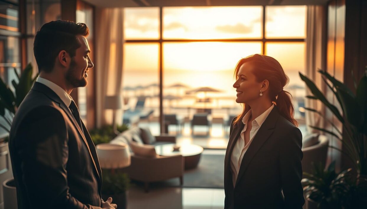 A luxurious scene depicting high-end escort services in Alanya, capturing the essence of "Alanya escort yaz tatili." In the foreground, two elegantly dressed individuals in professional business attire engage in a pleasant conversation, showcasing impeccable grooming and sophistication. The middle ground features a stylish, upscale lounge area with soft, ambient lighting, plush seating, and lush plants, creating a welcoming atmosphere. In the background, large windows reveal a vibrant Alanya beach, bathed in golden sunset light, further enhancing the luxurious mood. The composition is framed with a warm color palette, evoking elegance and exclusivity, while the gentle bokeh effect adds a touch of sophistication. Overall, the image embodies quality service and a premium experience in a picturesque setting. A luxurious scene depicting high-end escort services in Alanya, capturing the essence of "Alanya escort yaz tatili." In the foreground, two elegantly dressed individuals in professional business attire engage in a pleasant conversation, showcasing impeccable grooming and sophistication. The middle ground features a stylish, upscale lounge area with soft, ambient lighting, plush seating, and lush plants, creating a welcoming atmosphere. In the background, large windows reveal a vibrant Alanya beach, bathed in golden sunset light, further enhancing the luxurious mood. The composition is framed with a warm color palette, evoking elegance and exclusivity, while the gentle bokeh effect adds a touch of sophistication. Overall, the image embodies quality service and a premium experience in a picturesque setting.