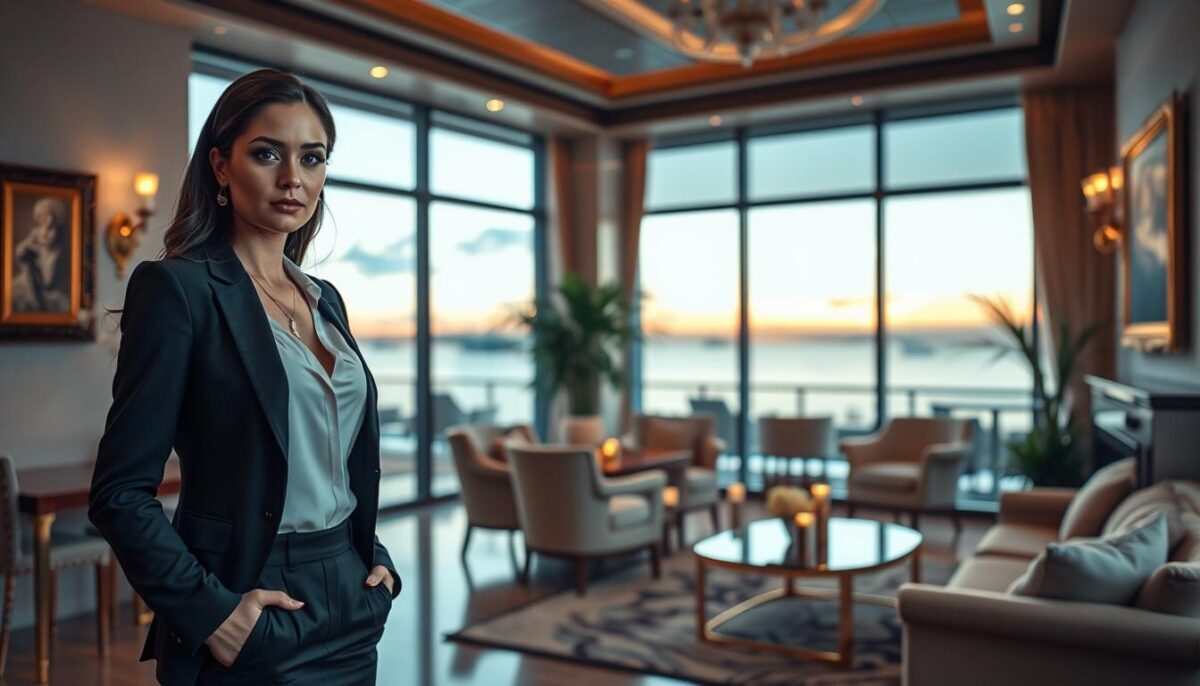 A luxurious scene showcasing a premium quality escort service in Alanya, focusing on elegance and sophistication. In the foreground, an elegantly dressed woman in a chic business attire stands confidently, exuding professionalism and grace. The middle ground features a tastefully decorated, upscale lounge area with plush seating, soft ambient lighting, and decorative elements that suggest refinement, such as gold accents and fine art. In the background, large windows offer a glimpse of the beautiful Alanya coastline at sunset, casting warm, inviting hues across the scene. The atmosphere is upscale and welcoming, encouraging an exclusive yet approachable experience. Perfect for capturing the essence of "Alanya escort yaz tatili" and highlighting the premium encounter. A luxurious scene showcasing a premium quality escort service in Alanya, focusing on elegance and sophistication. In the foreground, an elegantly dressed woman in a chic business attire stands confidently, exuding professionalism and grace. The middle ground features a tastefully decorated, upscale lounge area with plush seating, soft ambient lighting, and decorative elements that suggest refinement, such as gold accents and fine art. In the background, large windows offer a glimpse of the beautiful Alanya coastline at sunset, casting warm, inviting hues across the scene. The atmosphere is upscale and welcoming, encouraging an exclusive yet approachable experience. Perfect for capturing the essence of "Alanya escort yaz tatili" and highlighting the premium encounter.