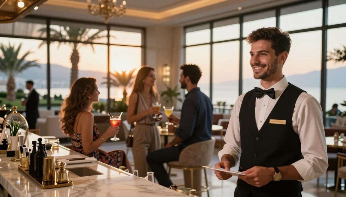 A luxurious setting in Alanya, featuring a beautifully decorated hotel lobby of "Alanya escort otel konsepti". In the foreground, a friendly concierge in smart casual attire welcomes guests with a warm smile. In the middle, elegantly dressed couples engage in lively conversation, enjoying a cocktail at a stylish bar. The background showcases the vibrant atmosphere of the hotel, with palm trees and a sunset view through large glass windows, casting a soft golden light over the scene. The overall mood is sophisticated and inviting, perfect for creating unforgettable memories. Capture this scene with a warm color palette, employing a shallow depth of field to highlight the dynamic interactions of the guests while softening the hotel's opulent details. A luxurious setting in Alanya, featuring a beautifully decorated hotel lobby of "Alanya escort otel konsepti". In the foreground, a friendly concierge in smart casual attire welcomes guests with a warm smile. In the middle, elegantly dressed couples engage in lively conversation, enjoying a cocktail at a stylish bar. The background showcases the vibrant atmosphere of the hotel, with palm trees and a sunset view through large glass windows, casting a soft golden light over the scene. The overall mood is sophisticated and inviting, perfect for creating unforgettable memories. Capture this scene with a warm color palette, employing a shallow depth of field to highlight the dynamic interactions of the guests while softening the hotel's opulent details.