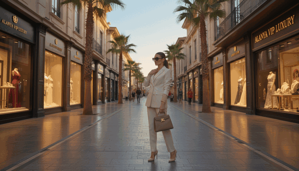 A luxurious shopping street in Alanya, Turkey, showcasing high-end boutiques and elegant displays. In the foreground, a stylish woman in a tailored business outfit gracefully examines a designer handbag, exuding confidence and sophistication. The middle ground features opulent storefronts adorned with beautiful window displays, glittering jewelry, and couture fashion. In the background, palm trees sway under a bright blue sky, radiating a warm sun-drenched ambiance that enhances the upscale atmosphere. The scene has a soft, inviting light, created by the golden hour, casting gentle shadows while highlighting the elegance of the environment. This image embodies the essence of luxury shopping experiences, aligning perfectly with "Alanya 24 saat vip escort". A luxurious shopping street in Alanya, Turkey, showcasing high-end boutiques and elegant displays. In the foreground, a stylish woman in a tailored business outfit gracefully examines a designer handbag, exuding confidence and sophistication. The middle ground features opulent storefronts adorned with beautiful window displays, glittering jewelry, and couture fashion. In the background, palm trees sway under a bright blue sky, radiating a warm sun-drenched ambiance that enhances the upscale atmosphere. The scene has a soft, inviting light, created by the golden hour, casting gentle shadows while highlighting the elegance of the environment. This image embodies the essence of luxury shopping experiences, aligning perfectly with "Alanya 24 saat vip escort".