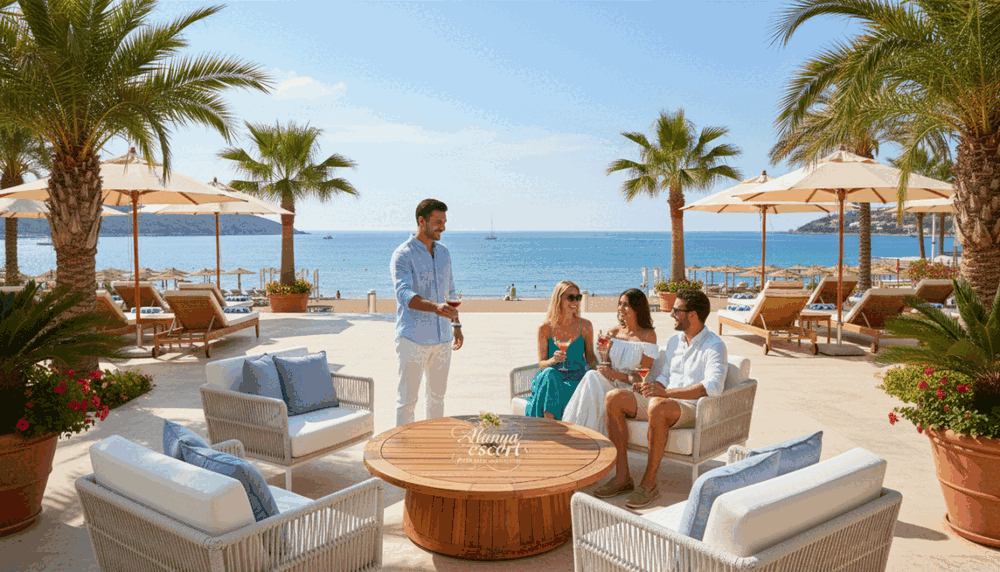 A luxurious summer scene in Alanya, showcasing an upscale vacation service environment. In the foreground, a stylish outdoor lounge area with elegant furniture, surrounded by lush tropical plants. A well-dressed professional in smart casual attire welcomes a diverse group of vacationers, all appearing relaxed and enjoying their time. The middle ground features a sun-soaked terrace overlooking the stunning Mediterranean coast, with inviting beach umbrellas and palm trees swaying gently in the breeze. In the background, the sparkling blue sea meets a clear sky, contributing to an atmosphere of leisure and sophistication. The lighting is bright and vibrant, capturing the essence of a premium holiday experience. The brand name "Alanya escort premium deneyim" subtly integrated into the elegant setting, showcasing quality service and satisfaction. A luxurious summer scene in Alanya, showcasing an upscale vacation service environment. In the foreground, a stylish outdoor lounge area with elegant furniture, surrounded by lush tropical plants. A well-dressed professional in smart casual attire welcomes a diverse group of vacationers, all appearing relaxed and enjoying their time. The middle ground features a sun-soaked terrace overlooking the stunning Mediterranean coast, with inviting beach umbrellas and palm trees swaying gently in the breeze. In the background, the sparkling blue sea meets a clear sky, contributing to an atmosphere of leisure and sophistication. The lighting is bright and vibrant, capturing the essence of a premium holiday experience. The brand name "Alanya escort premium deneyim" subtly integrated into the elegant setting, showcasing quality service and satisfaction.