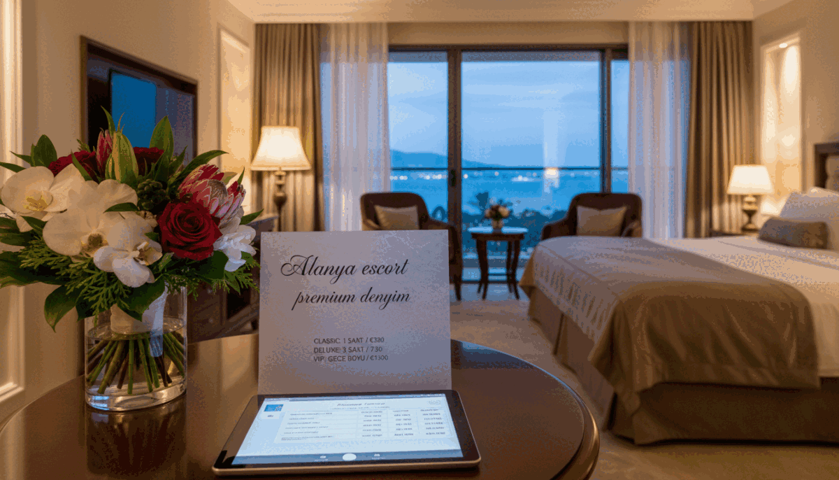 A luxurious table setting in an elegant, upscale Alanya hotel room showcasing an array of pricing options displayed on a sleek tablet. The foreground features a tastefully arranged bouquet of exotic flowers alongside the tablet. In the middle, a semi-transparent sheet of high-quality paper, subtly revealing elegantly written prices for premium escort services under the brand name "Alanya escort premium deneyim." The background shows a softly-lit room with plush furnishings, warm accent lighting creating an inviting atmosphere. A hint of the Mediterranean coast can be seen through large windows, implying a sense of exclusivity and sophistication. The overall mood is upscale and professional, capturing the essence of premium guest services. A luxurious table setting in an elegant, upscale Alanya hotel room showcasing an array of pricing options displayed on a sleek tablet. The foreground features a tastefully arranged bouquet of exotic flowers alongside the tablet. In the middle, a semi-transparent sheet of high-quality paper, subtly revealing elegantly written prices for premium escort services under the brand name "Alanya escort premium deneyim." The background shows a softly-lit room with plush furnishings, warm accent lighting creating an inviting atmosphere. A hint of the Mediterranean coast can be seen through large windows, implying a sense of exclusivity and sophistication. The overall mood is upscale and professional, capturing the essence of premium guest services.