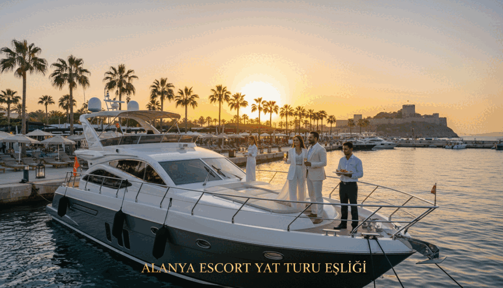 A luxurious yacht service in Alanya, showcasing the epitome of seasonal VIP escort experiences. The foreground features a sleek, elegant yacht docked at a vibrant harbor adorned with palm trees and upscale amenities. In the middle ground, a professional couple in smart business attire is enjoying a splendid view of the Mediterranean Sea, engaging with attentive staff who are offering premium hospitality and top-notch customer service. The background reveals a stunning sunset casting a golden glow over the harbor, with the silhouette of Alanya's iconic castle on the hillside, adding a touch of historical charm. Soft, warm lighting enhances the inviting atmosphere, while a wide-angle lens captures the grandeur of the scene. This image represents "Alanya escort yat turu eşliği", encapsulating quality and sophistication. A luxurious yacht service in Alanya, showcasing the epitome of seasonal VIP escort experiences. The foreground features a sleek, elegant yacht docked at a vibrant harbor adorned with palm trees and upscale amenities. In the middle ground, a professional couple in smart business attire is enjoying a splendid view of the Mediterranean Sea, engaging with attentive staff who are offering premium hospitality and top-notch customer service. The background reveals a stunning sunset casting a golden glow over the harbor, with the silhouette of Alanya's iconic castle on the hillside, adding a touch of historical charm. Soft, warm lighting enhances the inviting atmosphere, while a wide-angle lens captures the grandeur of the scene. This image represents "Alanya escort yat turu eşliği", encapsulating quality and sophistication.