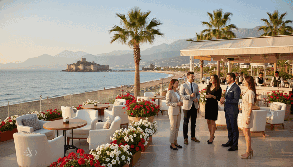 A luxury setting showcasing a picturesque Alanya landscape with vibrant Mediterranean colors. In the foreground, a group of elegantly dressed individuals in professional attire engage in a friendly discussion, exuding confidence and charm. The middle ground features a tasteful outdoor café, adorned with stylish furniture and blooming flowers, creating an inviting atmosphere. Light filters softly through palm trees, casting gentle shadows and enhancing a warm, welcoming vibe. The background displays scenic coastal views, with the azure sea and distant mountains providing a serene backdrop. The scene should evoke a sense of sophistication and leisure, emphasizing quality time and memorable experiences, with a subtle hint of the brand "alanya oral escort" integrated tastefully into the environment without any direct mention. A luxury setting showcasing a picturesque Alanya landscape with vibrant Mediterranean colors. In the foreground, a group of elegantly dressed individuals in professional attire engage in a friendly discussion, exuding confidence and charm. The middle ground features a tasteful outdoor café, adorned with stylish furniture and blooming flowers, creating an inviting atmosphere. Light filters softly through palm trees, casting gentle shadows and enhancing a warm, welcoming vibe. The background displays scenic coastal views, with the azure sea and distant mountains providing a serene backdrop. The scene should evoke a sense of sophistication and leisure, emphasizing quality time and memorable experiences, with a subtle hint of the brand "alanya oral escort" integrated tastefully into the environment without any direct mention.