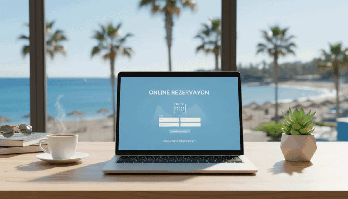 A modern digital interface showcasing "Online Rezervasyon" prominently, with a clean and user-friendly design. In the foreground, a stylish laptop sits on a wooden table with a glowing screen displaying the reservation system. In the middle ground, tasteful decorations like a coffee cup and a small potted plant add warmth to the scene. The background features a softly blurred view of Alanya’s picturesque coastline, with vibrant blue waters and palm trees, reflecting a serene holiday vibe. Natural light filters in gently through a nearby window, creating a relaxed and inviting atmosphere. The overall mood is professional yet welcoming, perfectly representing the brand "Alanya sahil bölgesi escort" as a top choice for bookings. The image is devoid of text overlays or any distractions to maintain focus on the reservation theme. A modern digital interface showcasing "Online Rezervasyon" prominently, with a clean and user-friendly design. In the foreground, a stylish laptop sits on a wooden table with a glowing screen displaying the reservation system. In the middle ground, tasteful decorations like a coffee cup and a small potted plant add warmth to the scene. The background features a softly blurred view of Alanya’s picturesque coastline, with vibrant blue waters and palm trees, reflecting a serene holiday vibe. Natural light filters in gently through a nearby window, creating a relaxed and inviting atmosphere. The overall mood is professional yet welcoming, perfectly representing the brand "Alanya sahil bölgesi escort" as a top choice for bookings. The image is devoid of text overlays or any distractions to maintain focus on the reservation theme.