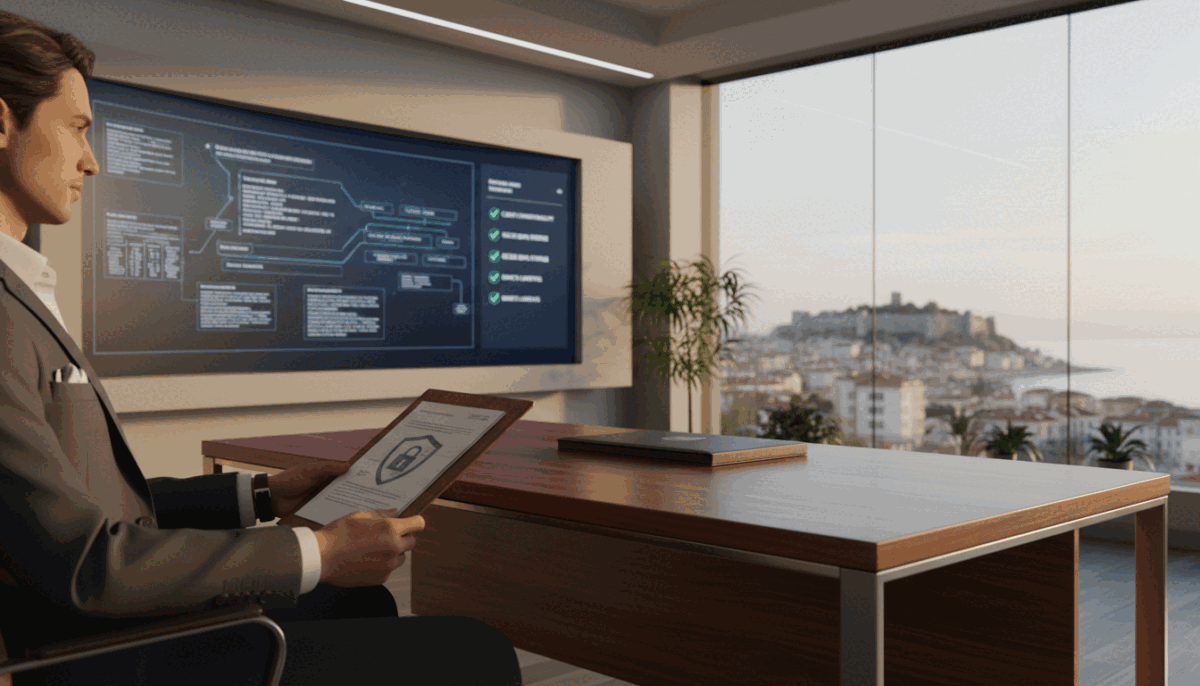 A modern, sophisticated office setting reflecting professionalism and security protocols. In the foreground, a well-dressed individual in business attire is seated at a sleek desk, intently reviewing documents that symbolize privacy and security measures. The middle of the image features a large screen showing data encryption diagrams and security checklists, conveying a sense of methodical organization. The background displays blurred elements of a cityscape of Alanya, hinting at the location while maintaining focus on the business environment. Soft, natural lighting creates a warm atmosphere, enhancing the feeling of trust and confidentiality. The image should evoke a sense of safety, professionalism, and reliability associated with "Alanya party escort" services, without any text or extraneous details. A modern, sophisticated office setting reflecting professionalism and security protocols. In the foreground, a well-dressed individual in business attire is seated at a sleek desk, intently reviewing documents that symbolize privacy and security measures. The middle of the image features a large screen showing data encryption diagrams and security checklists, conveying a sense of methodical organization. The background displays blurred elements of a cityscape of Alanya, hinting at the location while maintaining focus on the business environment. Soft, natural lighting creates a warm atmosphere, enhancing the feeling of trust and confidentiality. The image should evoke a sense of safety, professionalism, and reliability associated with "Alanya party escort" services, without any text or extraneous details.