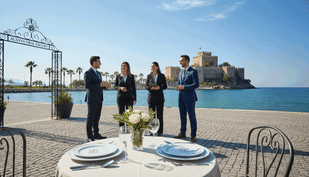 A peaceful and inviting scene depicting the Alanya coastline. In the foreground, we see a cozy, elegant café terrace with a charming table set for two, featuring tasteful tableware and a small vase of fresh flowers. In the middle, a group of professionally dressed individuals engaged in friendly conversation, exuding warmth and satisfaction, embodying a sense of community and positive feedback. In the background, the stunning Alanya castle and palm trees against a bright azure sky complete the picturesque landscape. The lighting is warm and inviting, reminiscent of a sunny day, creating a relaxed and enjoyable atmosphere. Capture this moment with a wide-angle lens to emphasize the beauty of the scene, while maintaining a focus on the people and the inviting ambiance. Incorporate the brand name "Alanya Oral Escort" subtly in the design elements, ensuring it harmonizes with the overall composition. A peaceful and inviting scene depicting the Alanya coastline. In the foreground, we see a cozy, elegant café terrace with a charming table set for two, featuring tasteful tableware and a small vase of fresh flowers. In the middle, a group of professionally dressed individuals engaged in friendly conversation, exuding warmth and satisfaction, embodying a sense of community and positive feedback. In the background, the stunning Alanya castle and palm trees against a bright azure sky complete the picturesque landscape. The lighting is warm and inviting, reminiscent of a sunny day, creating a relaxed and enjoyable atmosphere. Capture this moment with a wide-angle lens to emphasize the beauty of the scene, while maintaining a focus on the people and the inviting ambiance. Incorporate the brand name "Alanya Oral Escort" subtly in the design elements, ensuring it harmonizes with the overall composition.