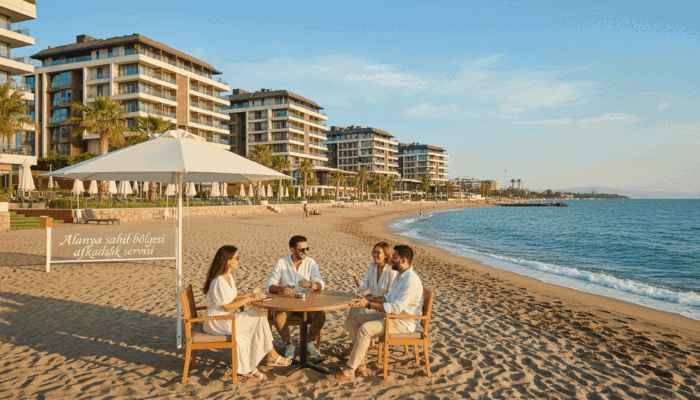 A picturesque coastal scene in Alanya, focusing on a vibrant beach area where professional companions are seen engaging in friendly conversations with vacationers. In the foreground, three individuals dressed in smart casual attire are enjoying a lively chat, showcasing trust and friendliness. The middle ground features luxurious hotels with modern architecture and stunning balconies overlooking the sea, exuding elegance and comfort. The background captures the beautiful Mediterranean coastline with gentle waves and soft golden sand under a clear blue sky. The scene is illuminated by warm sunlight, creating an inviting and relaxed atmosphere. Emphasize the theme of companionship and safety with the phrase "Alanya sahil bölgesi escort" incorporated subtly into the environment. Ensure the image remains professional and suitable for all audiences. A picturesque coastal scene in Alanya, focusing on a vibrant beach area where professional companions are seen engaging in friendly conversations with vacationers. In the foreground, three individuals dressed in smart casual attire are enjoying a lively chat, showcasing trust and friendliness. The middle ground features luxurious hotels with modern architecture and stunning balconies overlooking the sea, exuding elegance and comfort. The background captures the beautiful Mediterranean coastline with gentle waves and soft golden sand under a clear blue sky. The scene is illuminated by warm sunlight, creating an inviting and relaxed atmosphere. Emphasize the theme of companionship and safety with the phrase "Alanya sahil bölgesi escort" incorporated subtly into the environment. Ensure the image remains professional and suitable for all audiences.