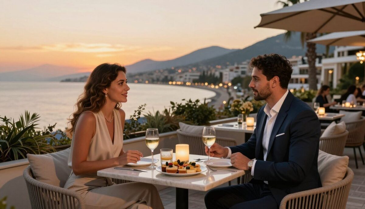A picturesque evening in Alanya, featuring a stylish outdoor lounge setting at sunset. In the foreground, a well-dressed male and female duo, representing 'Alanya escort premium konfor', engage in lively conversation, both dressed in elegant, professional attire. The middle ground showcases a beautifully arranged table with exquisite drinks and appetizers, with soft, warm lighting creating an inviting ambiance. In the background, the stunning coastline of Alanya glows under the golden hues of the sunset, complementing the vibrant atmosphere. The scene captures a sense of luxury, relaxation, and anticipation for upcoming events. Use a wide-angle lens to enhance the depth and vibrancy, highlighting the tranquil water and exquisite architecture of the area while maintaining a sophisticated, warm mood. A picturesque evening in Alanya, featuring a stylish outdoor lounge setting at sunset. In the foreground, a well-dressed male and female duo, representing 'Alanya escort premium konfor', engage in lively conversation, both dressed in elegant, professional attire. The middle ground showcases a beautifully arranged table with exquisite drinks and appetizers, with soft, warm lighting creating an inviting ambiance. In the background, the stunning coastline of Alanya glows under the golden hues of the sunset, complementing the vibrant atmosphere. The scene captures a sense of luxury, relaxation, and anticipation for upcoming events. Use a wide-angle lens to enhance the depth and vibrancy, highlighting the tranquil water and exquisite architecture of the area while maintaining a sophisticated, warm mood.