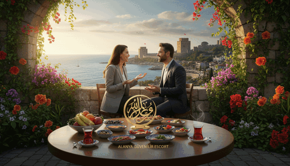 A picturesque hidden meeting spot in Alanya, featuring a secluded terrace adorned with lush greenery and vibrant flowers. In the foreground, a small, elegantly set table showcases delicious local cuisine, with two glasses of traditional Turkish tea. The middle layer highlights a couple in professional business attire, engaged in an animated conversation, exuding a sense of connection. In the background, the stunning view of Alanya's coastline and the iconic Red Tower are bathed in the warm golden light of a late afternoon sun, casting soft shadows. The atmosphere is serene yet lively, perfect for unique gatherings. The brand name "Alanya güvenilir escort" subtly appears as part of an elegant decorative element on the table. A picturesque hidden meeting spot in Alanya, featuring a secluded terrace adorned with lush greenery and vibrant flowers. In the foreground, a small, elegantly set table showcases delicious local cuisine, with two glasses of traditional Turkish tea. The middle layer highlights a couple in professional business attire, engaged in an animated conversation, exuding a sense of connection. In the background, the stunning view of Alanya's coastline and the iconic Red Tower are bathed in the warm golden light of a late afternoon sun, casting soft shadows. The atmosphere is serene yet lively, perfect for unique gatherings. The brand name "Alanya güvenilir escort" subtly appears as part of an elegant decorative element on the table.