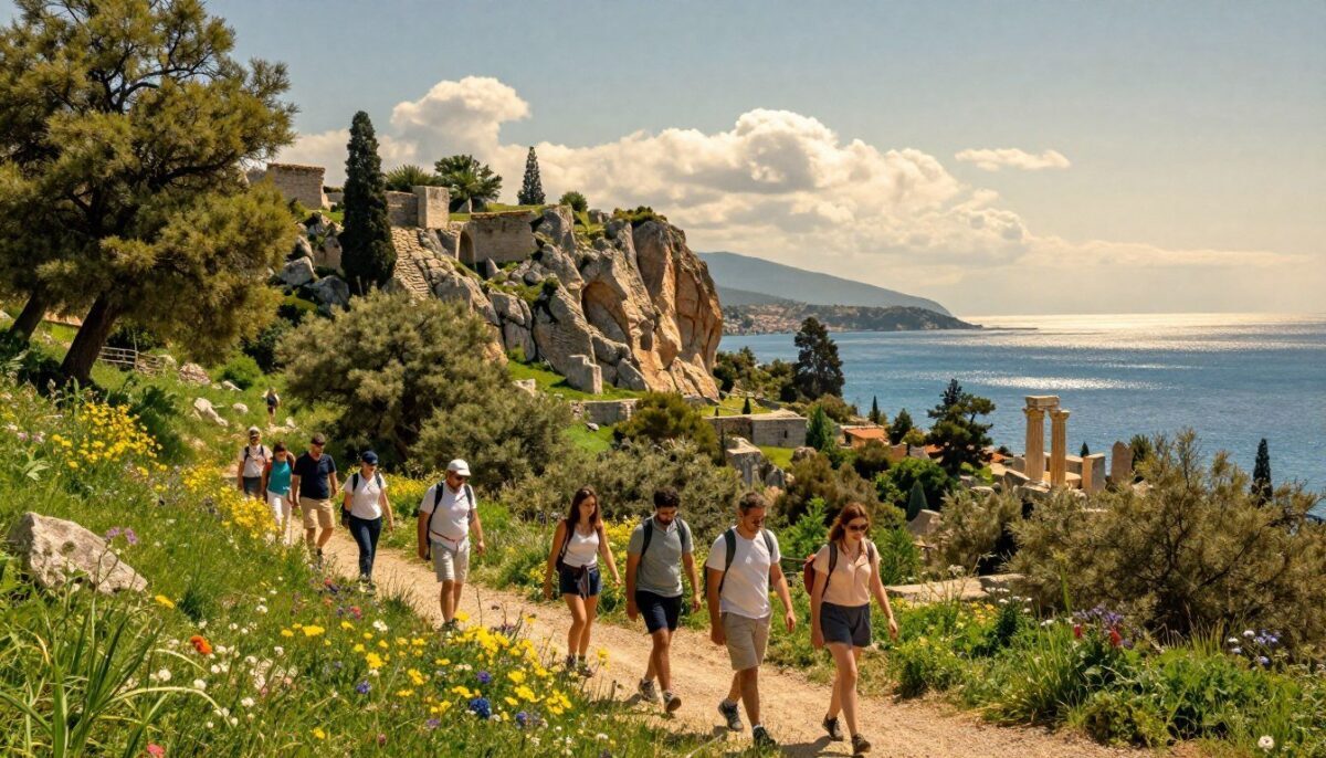A picturesque nature hiking scene in Alanya, showcasing the region's stunning historical and natural beauty. In the foreground, a diverse group of hikers dressed in light, casual clothing explores a lush, green trail, surrounded by vibrant wildflowers and towering trees. In the middle ground, majestic cliffs rise, dotted with ancient ruins that hint at Alanya's rich history. The background features the sparkling blue Mediterranean Sea, glistening under the warm sun, with a clear sky and soft, fluffy clouds adding depth to the scene. The image should have warm, natural lighting, capturing the serene and inviting atmosphere of a perfect hiking day. No texts or watermarks included. A picturesque nature hiking scene in Alanya, showcasing the region's stunning historical and natural beauty. In the foreground, a diverse group of hikers dressed in light, casual clothing explores a lush, green trail, surrounded by vibrant wildflowers and towering trees. In the middle ground, majestic cliffs rise, dotted with ancient ruins that hint at Alanya's rich history. The background features the sparkling blue Mediterranean Sea, glistening under the warm sun, with a clear sky and soft, fluffy clouds adding depth to the scene. The image should have warm, natural lighting, capturing the serene and inviting atmosphere of a perfect hiking day. No texts or watermarks included.