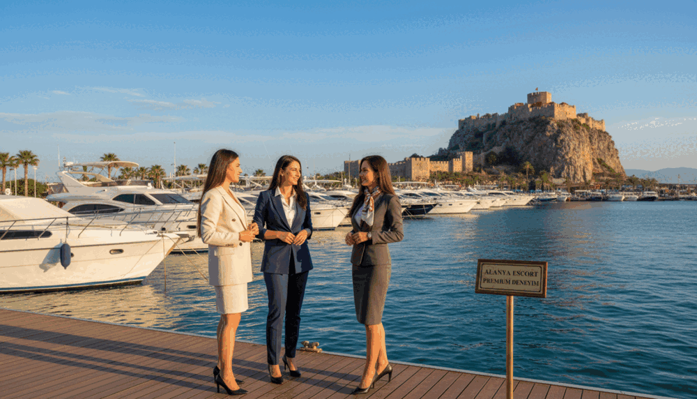 A picturesque scene featuring the scenic Marina area of Alanya. In the foreground, a group of three professional women dressed in elegant business attire, projecting grace and poise, engage in a friendly conversation. They exude professionalism and discipline, displaying a warm yet confident demeanor. In the middle ground, there are luxurious yachts moored in the harbor, with blue waters softly reflecting the sunlight. The background showcases the stunning cliffs and historic castle of Alanya under a bright sky, creating a vibrant atmosphere. The lighting is warm and inviting, highlighting the beauty of the scene. This image represents "Alanya escort premium deneyim," capturing the essence of professionalism in the escort services offered in Alanya. A picturesque scene featuring the scenic Marina area of Alanya. In the foreground, a group of three professional women dressed in elegant business attire, projecting grace and poise, engage in a friendly conversation. They exude professionalism and discipline, displaying a warm yet confident demeanor. In the middle ground, there are luxurious yachts moored in the harbor, with blue waters softly reflecting the sunlight. The background showcases the stunning cliffs and historic castle of Alanya under a bright sky, creating a vibrant atmosphere. The lighting is warm and inviting, highlighting the beauty of the scene. This image represents "Alanya escort premium deneyim," capturing the essence of professionalism in the escort services offered in Alanya.