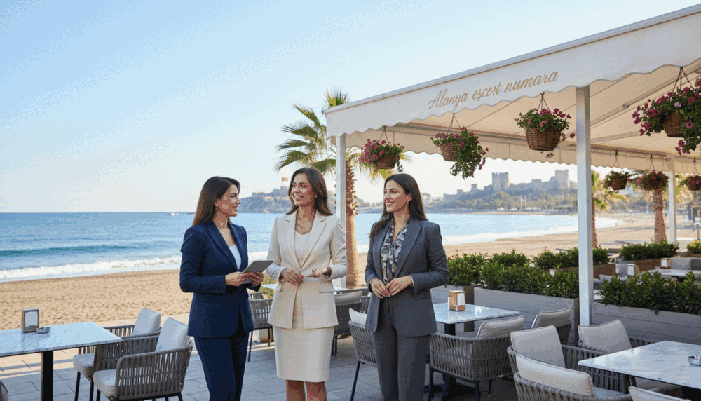 A picturesque scene in Alanya, featuring a group of three elegant women dressed in professional business attire, standing confidently outside a stylish café with seaside views. The foreground captures the women, showcasing their poised demeanor, engaging in conversation with warm smiles. In the middle ground, an inviting café ambiance enhances the atmosphere, with chic outdoor seating, lush greenery, and tasteful décor. The background reveals the beautiful Alanya coastline under a bright blue sky, with gentle waves lapping at the shore. Soft, natural lighting bathes the scene, creating a vibrant yet relaxed mood. The focus is sharp on the women, with a slight bokeh effect applied to the background to convey depth. The brand name "Alanya escort numara" subtly incorporated into the café setting, ensuring a professional and sophisticated representation. A picturesque scene in Alanya, featuring a group of three elegant women dressed in professional business attire, standing confidently outside a stylish café with seaside views. The foreground captures the women, showcasing their poised demeanor, engaging in conversation with warm smiles. In the middle ground, an inviting café ambiance enhances the atmosphere, with chic outdoor seating, lush greenery, and tasteful décor. The background reveals the beautiful Alanya coastline under a bright blue sky, with gentle waves lapping at the shore. Soft, natural lighting bathes the scene, creating a vibrant yet relaxed mood. The focus is sharp on the women, with a slight bokeh effect applied to the background to convey depth. The brand name "Alanya escort numara" subtly incorporated into the café setting, ensuring a professional and sophisticated representation.