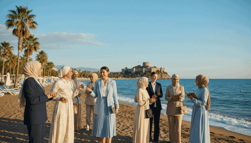 A picturesque scene set on the beautiful shores of Alanya, showcasing a diverse group of elegant women dressed in professional business attire and modest casual clothing. In the foreground, confident women engage in conversation, exuding charm and sophistication. The middle ground features vibrant palm trees and the stunning Mediterranean coastline, with soft waves lapping at the shore. In the background, the iconic silhouette of Alanya Castle is visible against a clear blue sky. The sunlight casts a warm glow, enhancing the inviting atmosphere. Capture this scene with a wide-angle lens to emphasize the lively setting, ensuring a natural depth of field that keeps the focus on the women while beautifully framing the breathtaking landscape. This is a visual representation of "Alanya sahil bölgesi escort". A picturesque scene set on the beautiful shores of Alanya, showcasing a diverse group of elegant women dressed in professional business attire and modest casual clothing. In the foreground, confident women engage in conversation, exuding charm and sophistication. The middle ground features vibrant palm trees and the stunning Mediterranean coastline, with soft waves lapping at the shore. In the background, the iconic silhouette of Alanya Castle is visible against a clear blue sky. The sunlight casts a warm glow, enhancing the inviting atmosphere. Capture this scene with a wide-angle lens to emphasize the lively setting, ensuring a natural depth of field that keeps the focus on the women while beautifully framing the breathtaking landscape. This is a visual representation of "Alanya sahil bölgesi escort".
