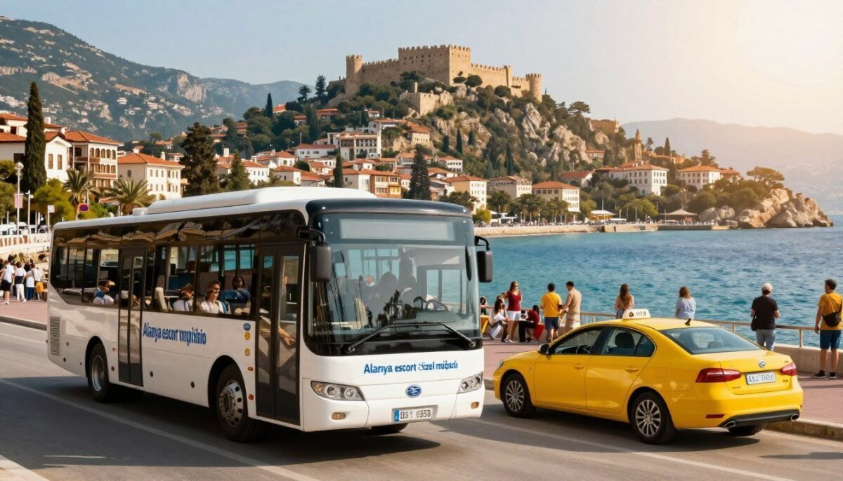 A picturesque scene showcasing travel options in Alanya, Turkey. In the foreground, a stylish modern bus and a traditional yellow taxi stand ready for passengers, symbolizing transportation choices. In the middle ground, a scenic view of Alanya's coast with clear blue waters and a bustling promenade filled with people enjoying their day. The background features the iconic Alanya Castle perched on a hilltop, overlooking the town. Soft, golden sunlight bathes the scene, creating a warm and inviting atmosphere. The image should have a vibrant color palette, emphasizing the rich culture and beauty of Alanya. Capture this essence to represent travel and transportation options, highlighting "Alanya escort özel müşteri" as a discreet travel service available. A picturesque scene showcasing travel options in Alanya, Turkey. In the foreground, a stylish modern bus and a traditional yellow taxi stand ready for passengers, symbolizing transportation choices. In the middle ground, a scenic view of Alanya's coast with clear blue waters and a bustling promenade filled with people enjoying their day. The background features the iconic Alanya Castle perched on a hilltop, overlooking the town. Soft, golden sunlight bathes the scene, creating a warm and inviting atmosphere. The image should have a vibrant color palette, emphasizing the rich culture and beauty of Alanya. Capture this essence to represent travel and transportation options, highlighting "Alanya escort özel müşteri" as a discreet travel service available.