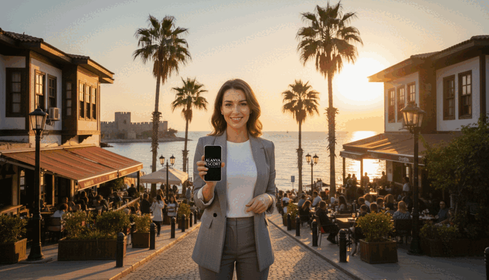 A picturesque setting showcasing a professional woman in modern business attire, poised in an inviting street environment of Alanya. In the foreground, she stands confidently with a warm smile, holding a smartphone, suggesting she’s engaging with potential clients. The middle ground features tasteful elements of Alanya’s architecture, with glimpses of palm trees and a vibrant café scene, conveying a lively atmosphere. The background captures the stunning Mediterranean coastline under a soft sunset, enhancing the tranquil yet professional vibe. The lighting is warm and golden, creating a welcoming ambiance. The overall mood is friendly and approachable, representing the brand "alanya escort" while maintaining a safe and professional presentation.