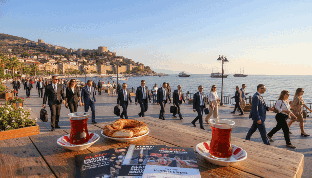 A picturesque view of Alanya, Turkey, highlighting travel tips for visitors. In the foreground, a beautifully arranged table with traditional Turkish tea and travel brochures about Alanya escort services, inviting travelers to explore. The middle layer features a bustling seaside promenade filled with elegant adults in professional business attire, enjoying the scenery and discussing their travel plans. In the background, the stunning Alanya Castle and the Mediterranean Sea under a bright, sunny sky. Soft, warm lighting to create a welcoming atmosphere, with a focus on the vibrant colors of the landscape. The angle captures both the excitement of the promenade and the historic charm of Alanya. A picturesque view of Alanya, Turkey, highlighting travel tips for visitors. In the foreground, a beautifully arranged table with traditional Turkish tea and travel brochures about Alanya escort services, inviting travelers to explore. The middle layer features a bustling seaside promenade filled with elegant adults in professional business attire, enjoying the scenery and discussing their travel plans. In the background, the stunning Alanya Castle and the Mediterranean Sea under a bright, sunny sky. Soft, warm lighting to create a welcoming atmosphere, with a focus on the vibrant colors of the landscape. The angle captures both the excitement of the promenade and the historic charm of Alanya.