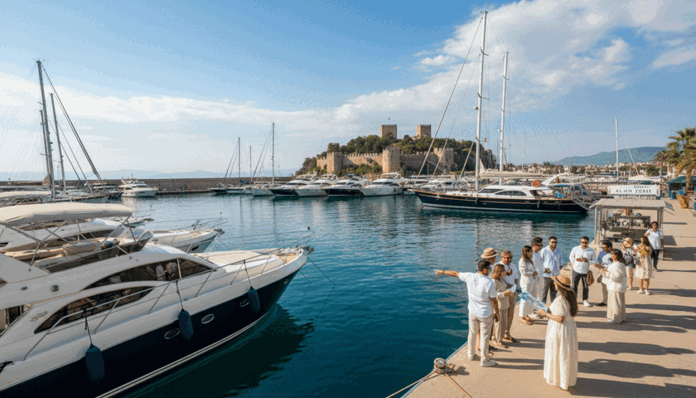 A picturesque view of Alanya Yat Limanı, showcasing an elegant marina filled with luxurious yachts and boats, reflecting the vibrant blue waters of the Mediterranean. In the foreground, several yachts are moored, their shiny hulls glistening under the sunlight. To the middle, people are seen engaging in leisurely activities, dressed in modest casual clothing, discussing plans for a day on the water. The background features the stunning Alanya Castle perched on a hill, with sunny skies and fluffy clouds creating a serene atmosphere. The scene is captured with a wide-angle lens to emphasize the beauty of the marina and the allure of the surrounding landscape. The mood is relaxed and inviting, perfect for a day out with Alanya escort yat turu eşliği services. A picturesque view of Alanya Yat Limanı, showcasing an elegant marina filled with luxurious yachts and boats, reflecting the vibrant blue waters of the Mediterranean. In the foreground, several yachts are moored, their shiny hulls glistening under the sunlight. To the middle, people are seen engaging in leisurely activities, dressed in modest casual clothing, discussing plans for a day on the water. The background features the stunning Alanya Castle perched on a hill, with sunny skies and fluffy clouds creating a serene atmosphere. The scene is captured with a wide-angle lens to emphasize the beauty of the marina and the allure of the surrounding landscape. The mood is relaxed and inviting, perfect for a day out with Alanya escort yat turu eşliği services.