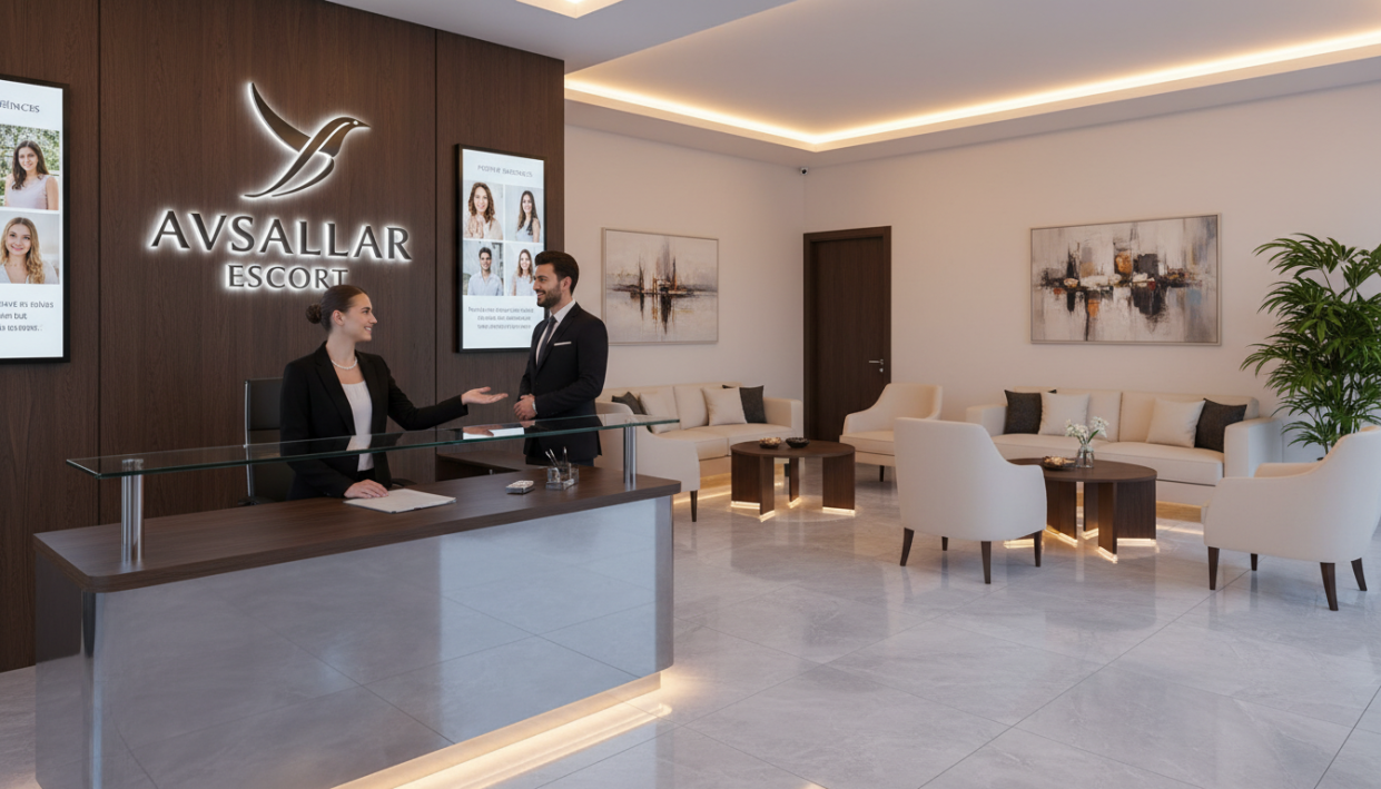A polished and welcoming interior of a modern office reception area, designed for a professional escort service named "avsallar escort". Foreground features a sleek glass reception desk with a friendly, professionally dressed female receptionist wearing a smart blazer, welcoming a client with a warm smile. In the middle ground, comfortable seating areas with tasteful decor and soft lighting create an inviting atmosphere. The background showcases a stylish logo of "avsallar escort" on the wall, along with framed images of satisfied clients sharing their positive experiences. Warm, ambient lighting enhances the mood, with soft shadows creating depth. The angle is slightly elevated, providing a clear view of the entire scene, emphasizing professionalism and comfort in the escort service industry.