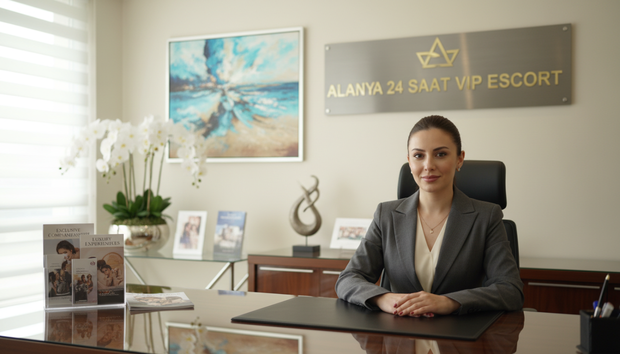 A polished, professional office reception area portraying a trustworthy escort agency named "Alanya 24 saat vip escort." In the foreground, a refined receptionist, dressed in smart business attire, is seated at a sleek desk with a welcoming posture, conveying reliability and professionalism. The middle ground features brochures and elegant decor that highlight the agency's services, with soft lighting creating a warm ambiance. In the background, a tasteful wall art piece reflecting Alanya’s coastal beauty adds a serene touch. The image captures a confident atmosphere, representing the theme of selecting a dependable emergency escort service, using natural lighting to enhance the inviting environment and a slight depth of field to focus on the receptionist’s friendly demeanor.